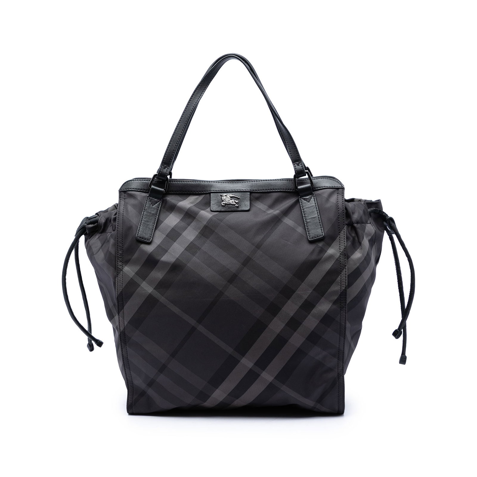 Burberry Buckleigh Tote in Smoke Check Nylon with Leather Trim: Burberry Buckleigh Tote in Smoke Check Nylon with Leather Trim Burberry Smoke Check Nylon Buckleigh Tote in black, featuring a nylon body with leather trim, flat leather straps, an open top with draws