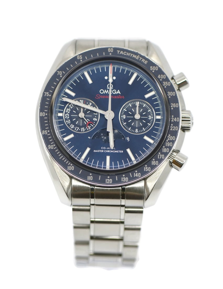 Omega Men's Speedmaster Moon 44mm Blue Dial Stainless Steel Automatic Wristwatch: Omega Men's Speedmaster Moon 44mm Blue Dial Stainless Steel Automatic Wristwatch This Omega Speedmaster Moon wristwatch features a 44mm stainless steel case with a blue dial and exhibition caseback. I