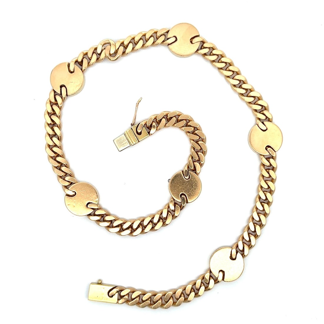 14k rosy gold Cuban link necklace 16 inch GB signed: 14k rosy gold Cuban link necklace 16 inch GB signed This vintage chain necklace is crafted from solid 14k rosy yellow gold and features a distinctive squared curb Cuban link design accented with round