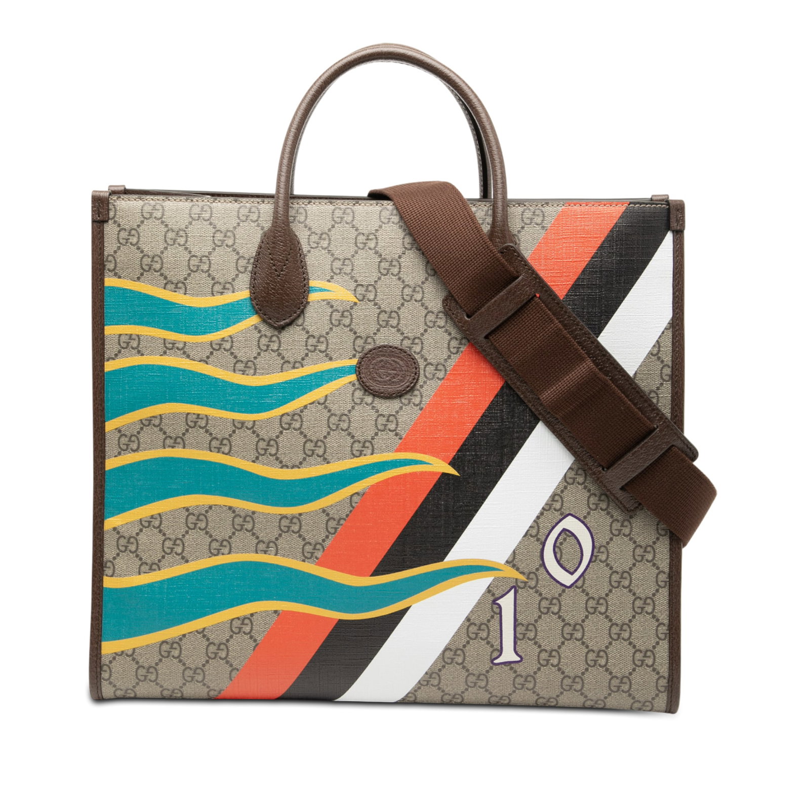 Gucci GG Supreme Medium Anniversary Tote with Leather Trim and Retro Logo: Gucci GG Supreme Medium Anniversary Tote with Leather Trim and Retro Logo This Gucci Medium GG Supreme 100 Centum Anniversary Calfskin Retro Interlocking G Tote features a printed coated canvas body w