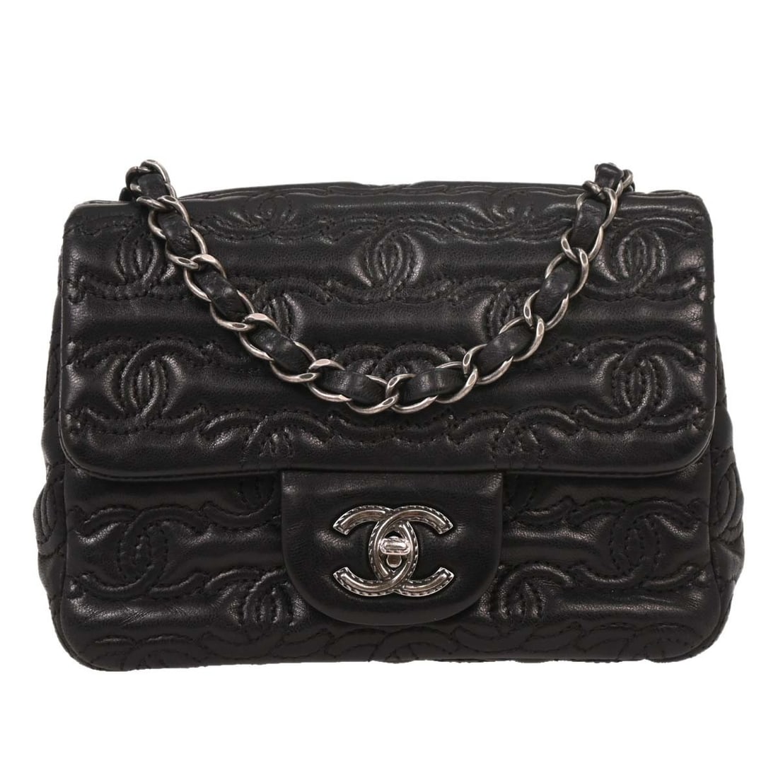 CHANEL Classic Flap Mini Square black lambskin crossbody bag: CHANEL Classic Flap Mini Square black lambskin crossbody bag Chanel Mini Classic Square Flap Bag 17 in black lambskin with matelasse quilting and a flap turnlock closure. This small shoulder bag featu