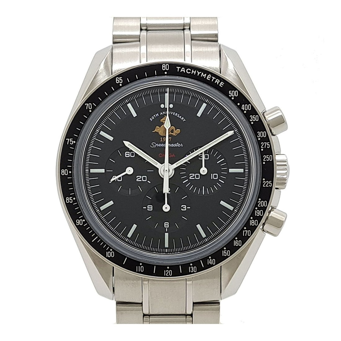 OMEGA Speedmaster 50th Anniversary Mens Watch Ref 311.30.42.30.01.001 Full Set: OMEGA Speedmaster 50th Anniversary Mens Watch Ref 311.30.42.30.01.001 Full Set Pre-owned OMEGA Speedmaster 50th Anniversary men's wristwatch, full set and overhauled. It features a black dial, stainle