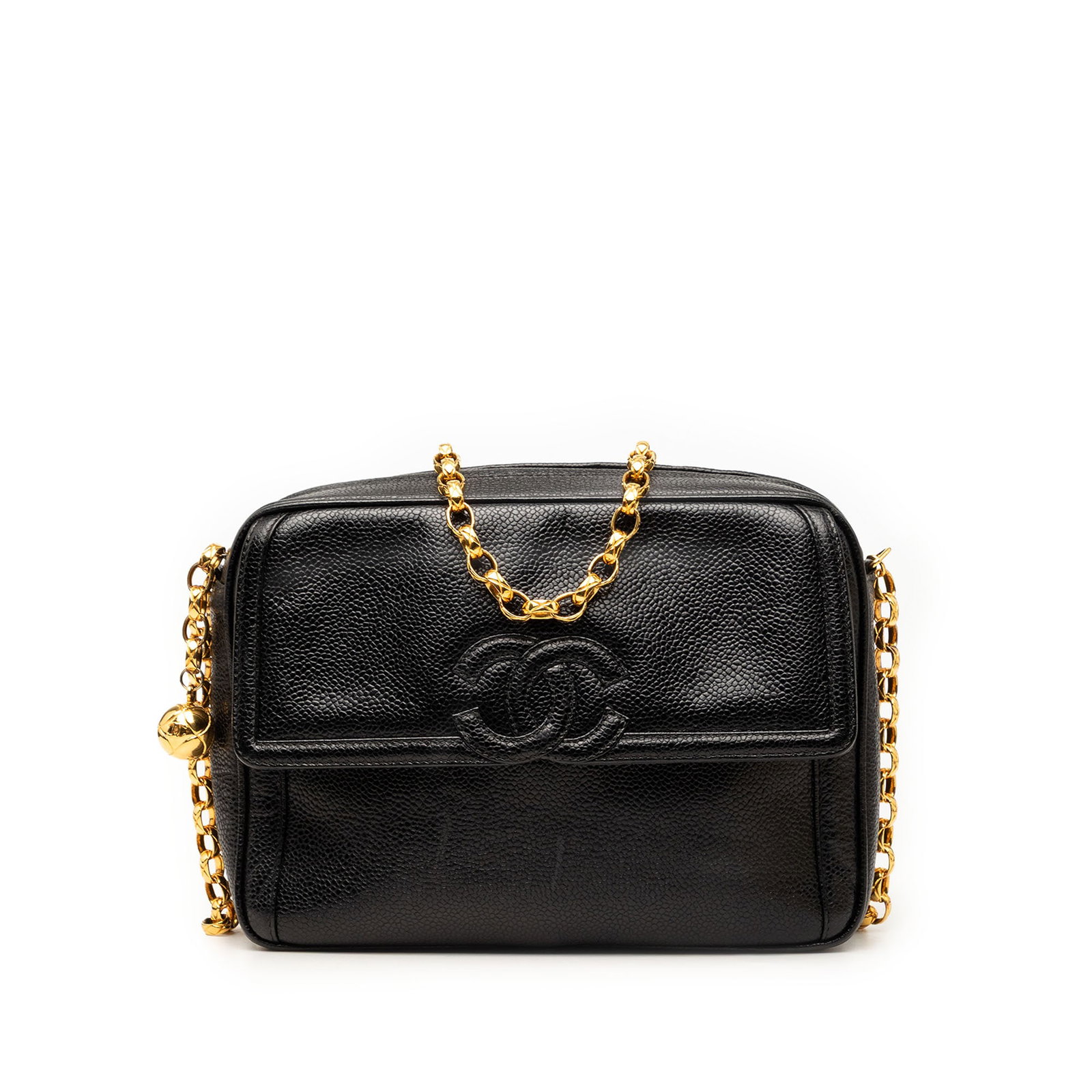 Chanel CC Camera Crossbody Bag in Black Caviar Leather: Chanel CC Camera Crossbody Bag in Black Caviar Leather A Chanel crossbody camera bag in black caviar leather, made in Italy. It features a bijoux chain link strap, a top zip closure, an exterior front