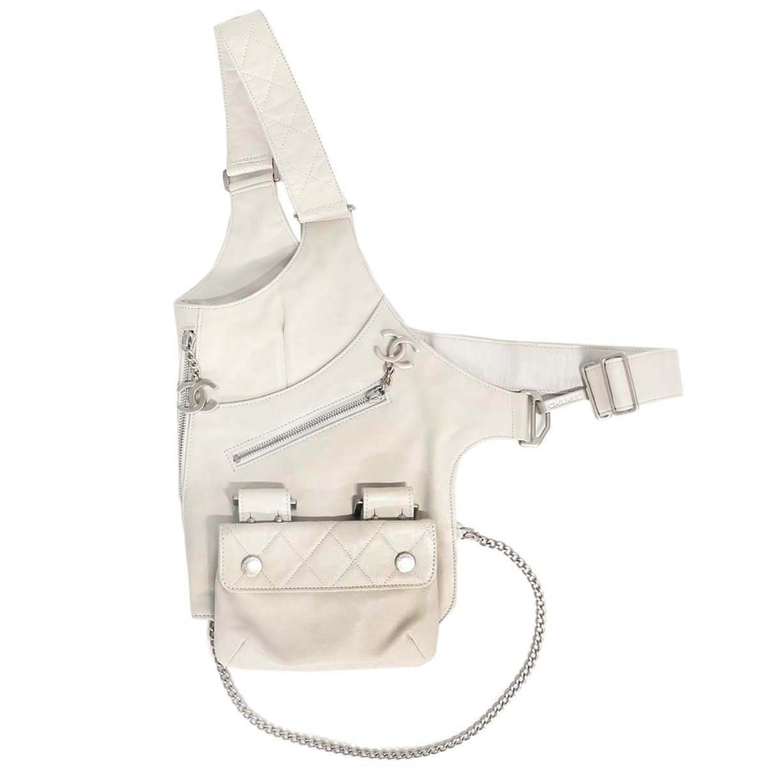CHANEL Jacket Belt Bag White Lambskin Medium Italy: CHANEL Jacket Belt Bag White Lambskin Medium Italy Chanel Jacket Bag in white lambskin leather with a belt bag and fanny pack style silhouette. Made in Italy, this women's bag features multiple exteri