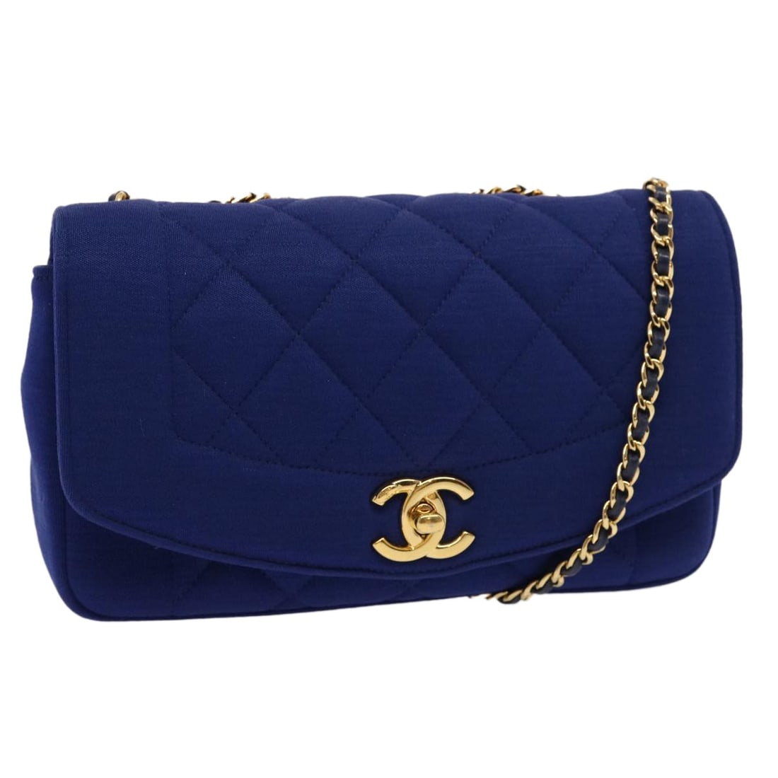 CHANEL Diana shoulder bag in blue canvas with gold CC: CHANEL Diana shoulder bag in blue canvas with gold CC Chanel Diana Matelasse chain shoulder bag in blue canvas with gold-tone detailing. Made in Italy, this women's shoulder bag includes a dust bag. C