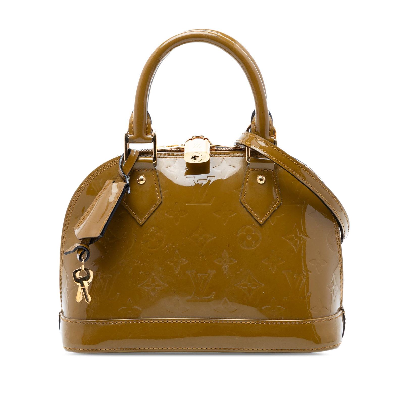 Louis Vuitton Alma BB Monogram Vernis Green Bag: Louis Vuitton Alma BB Monogram Vernis Green Bag This Louis Vuitton Monogram Vernis Alma BB handbag features a green monogram vernis leather body with rolled leather handles and a detachable flat leath