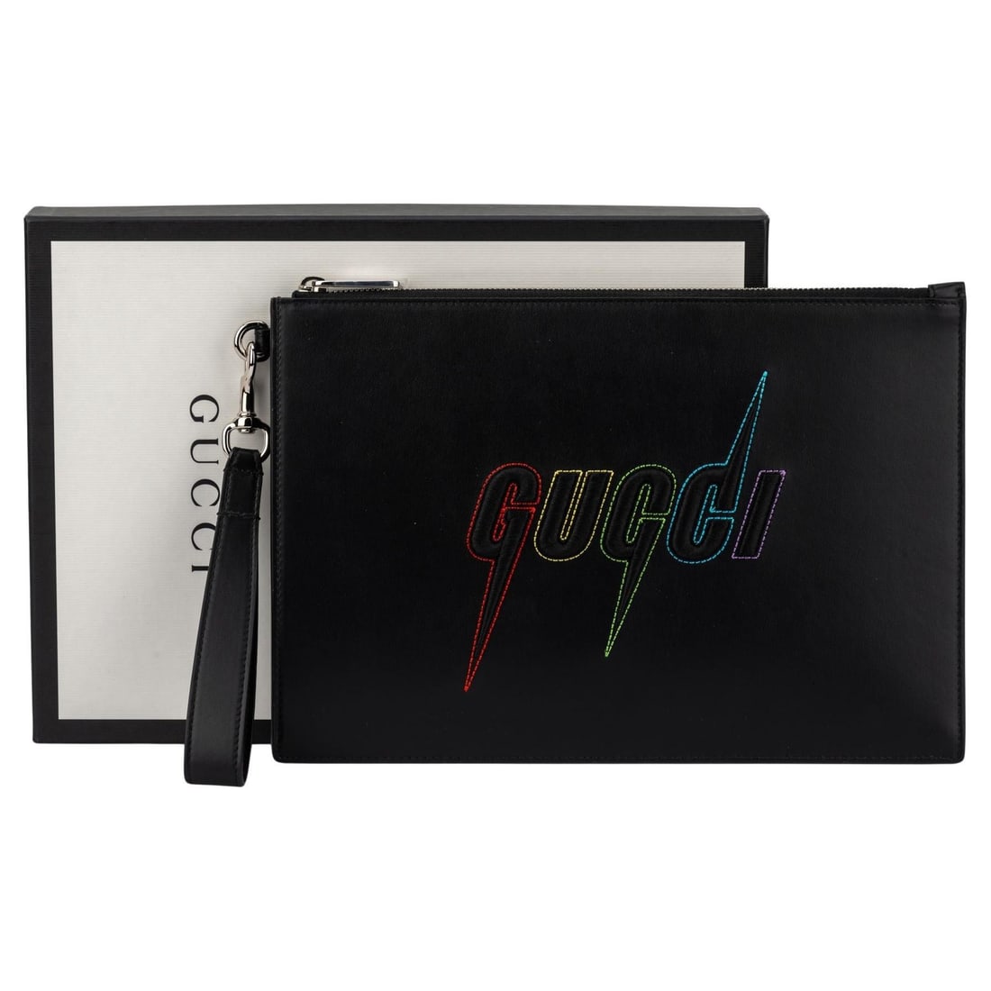 Gucci black leather clutch with wristlet embroidered logo: Gucci black leather clutch with wristlet embroidered logo Un-used Gucci unisex black leather clutch from Italy, dating to the 21st Century. It features a detachable wristlet and a multicolor embroider