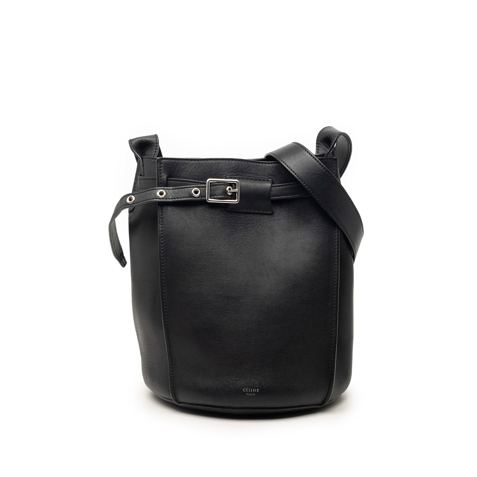 Celine Nano Leather Big Bag Bucket Crossbody: Celine Nano Leather Big Bag Bucket Crossbody This Celine Nano Leather Big Bag Bucket Crossbody features a black leather body with a flat leather strap and an open top secured by a belt buckle closure.