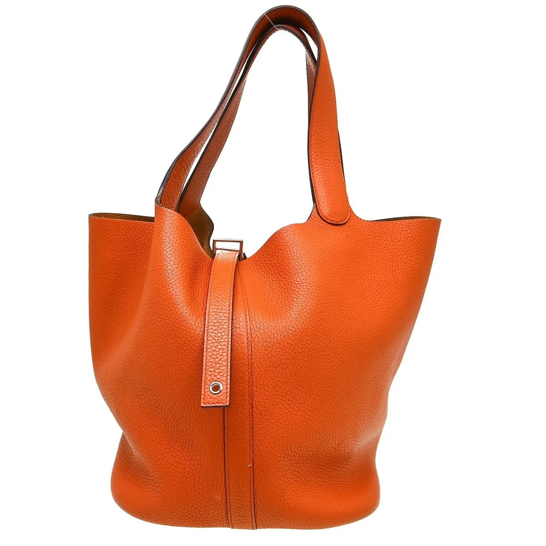 Hermes Picotin orange leather handbag 22cm x 27cm x 27cm: Hermes Picotin orange leather handbag 22cm x 27cm x 27cm Hermes Picotin Clemence handbag for women in orange leather. Made in France, it measures 22 cm x 27 cm x 27 cm and is described as being in goo