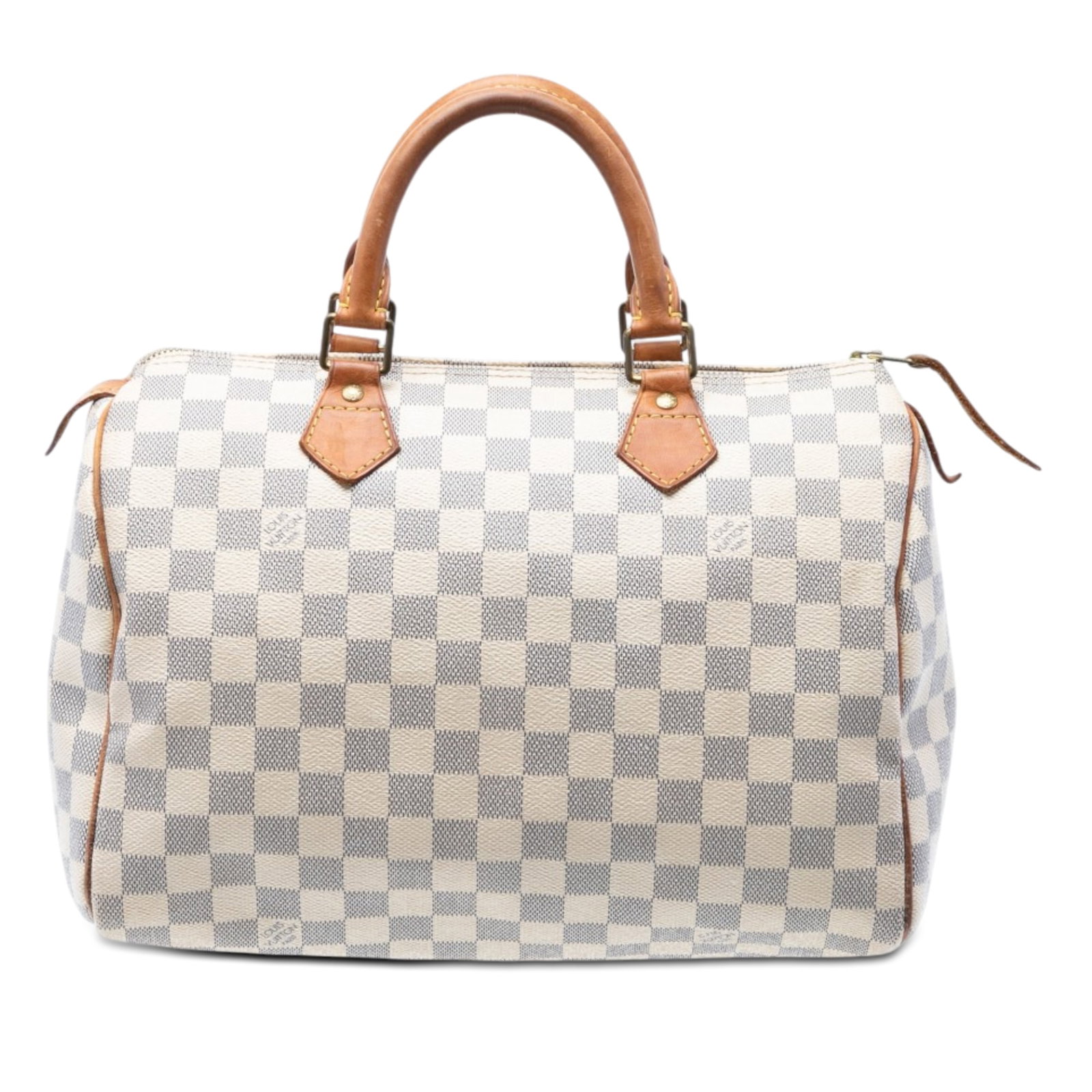 Louis Vuitton Damier Azur Speedy 30 White Fabric Bag: Louis Vuitton Damier Azur Speedy 30 White Fabric Bag This Louis Vuitton Damier Azur Speedy 30 features the iconic damier canvas exterior, complemented by rolled vachetta leather handles. The bag is de