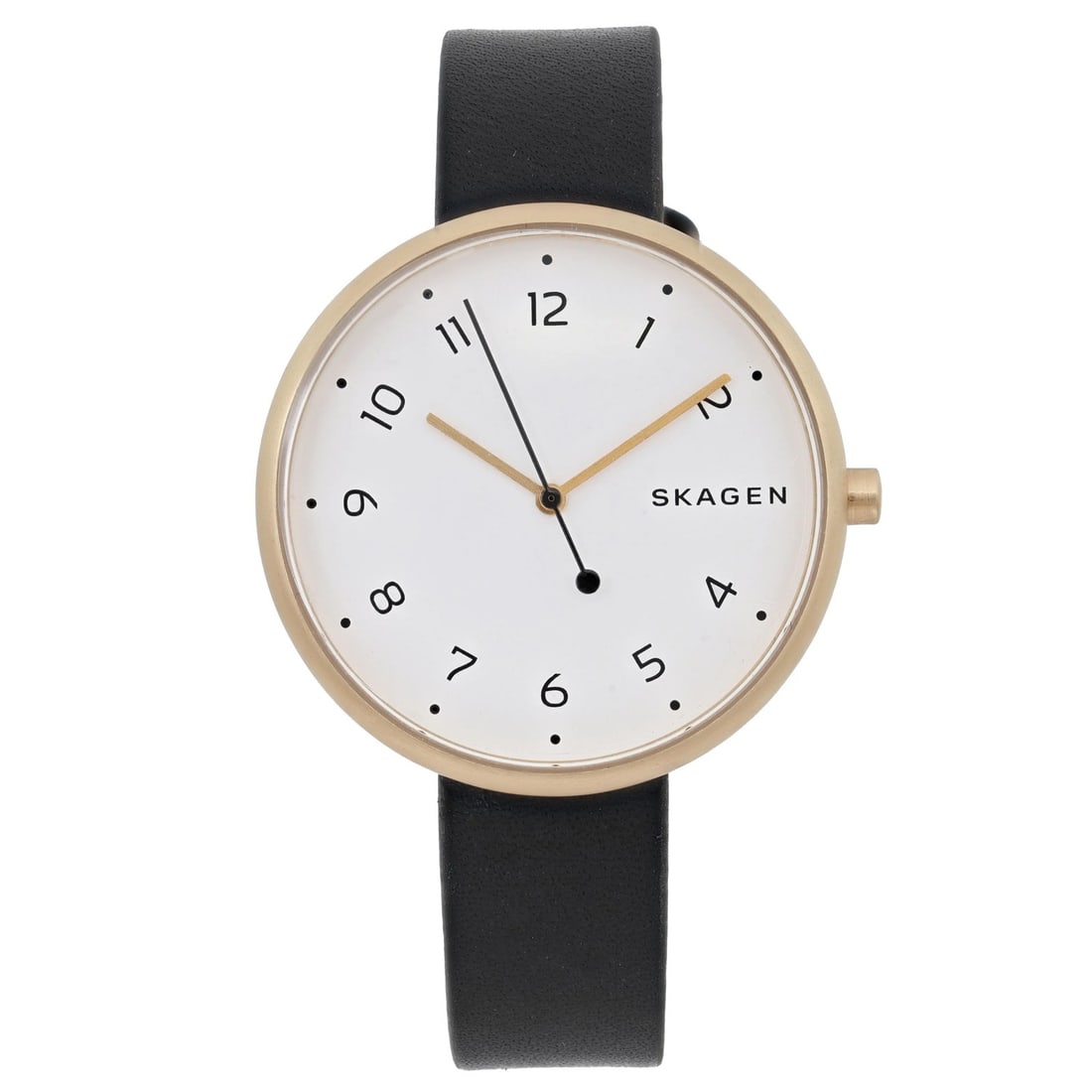Skagen Signature 36mm Ladies Quartz Watch Gold Bezel Black Leather Band SKW2626: Skagen Signature 36mm Ladies Quartz Watch Gold Bezel Black Leather Band SKW2626 Elevate your style with the Skagen Signature 36mm Ladies Quartz Watch, featuring a sophisticated white dial adorned with