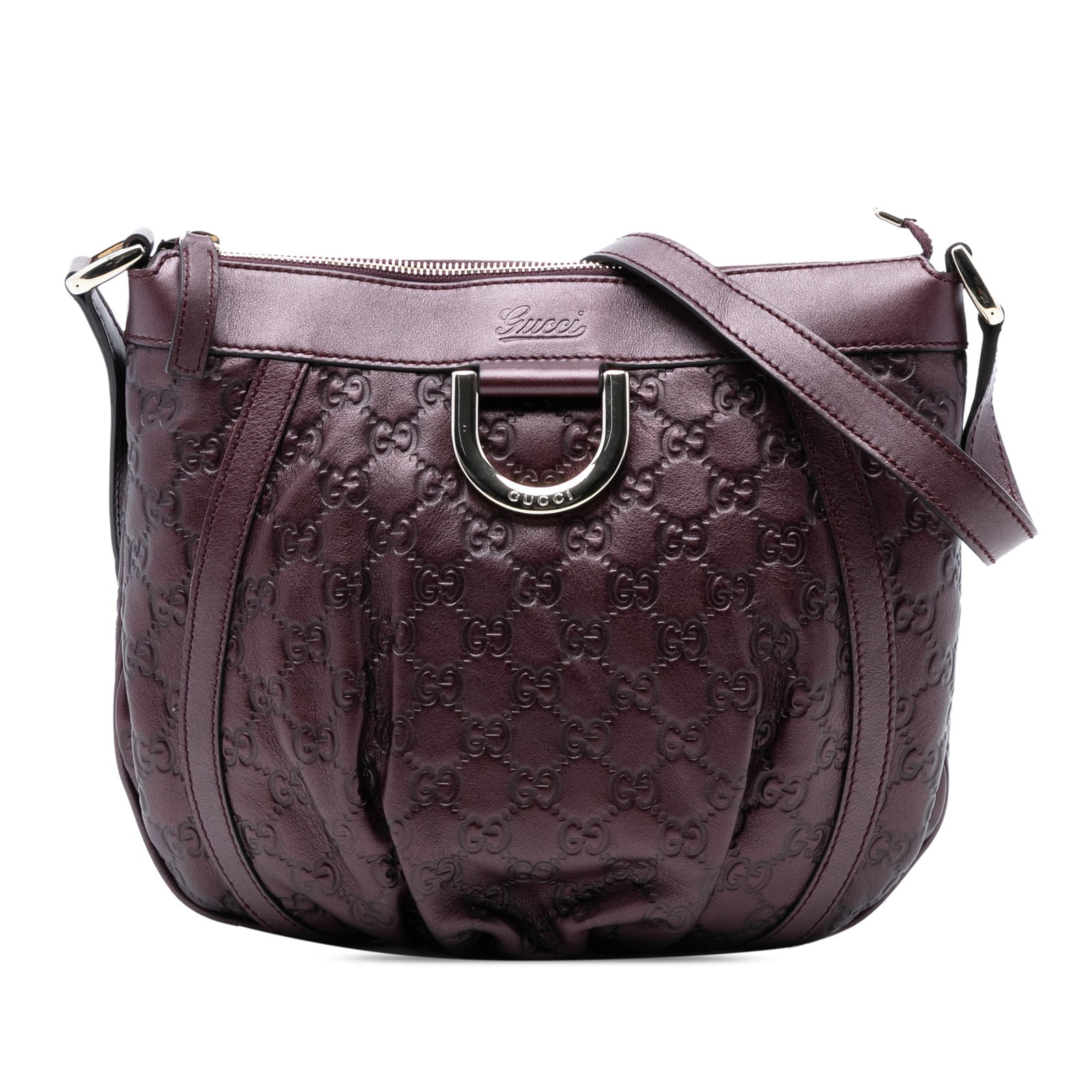 Gucci Abbey D Ring Purple Leather Guccissima Crossbody Bag: Gucci Abbey D Ring Purple Leather Guccissima Crossbody Bag This Gucci Metallic Guccissima Abbey D Ring Crossbody bag features an embossed leather body in purple, an adjustable flat leather shoulder st
