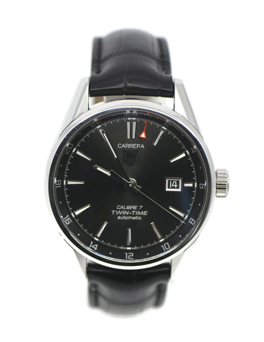 Carrera Twin Time Automatic Stainless Steel Men's Watch by TAG Heuer WAR2010: Carrera Twin Time Automatic Stainless Steel Men's Watch by TAG Heuer WAR2010 This TAG Heuer Carrera Twin Time men's wristwatch features a stainless steel case paired with a black leather band. The wat