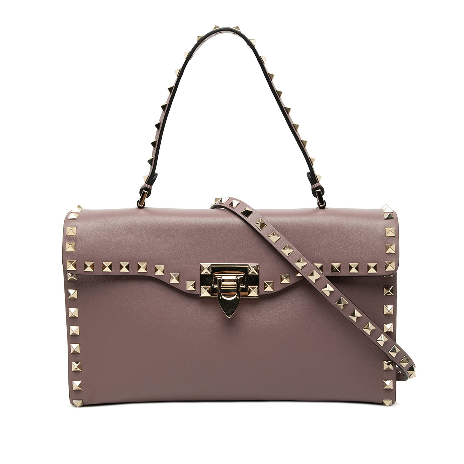 Valentino Rockstud Small Leather Satchel with Detachable Strap Pink: Valentino Rockstud Small Leather Satchel with Detachable Strap Pink Valentino Small Leather Rockstud Single Handle Flap satchel in pink leather with signature stud detailing. The bag features a flat t