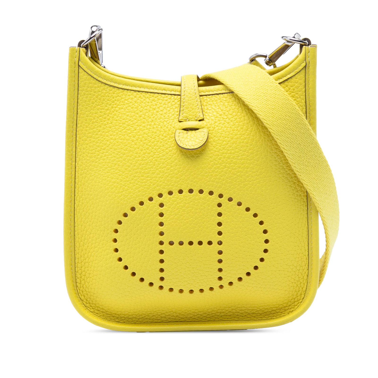 Hermes Evelyne I TPM Clemence Leather Shoulder Bag Soufre: Hermes Evelyne I TPM Clemence Leather Shoulder Bag Soufre Hermes Evelyne I TPM in Soufre Clemence leather with a detachable flat canvas strap and an open top with tuck closure. Condition AB. Comments 
