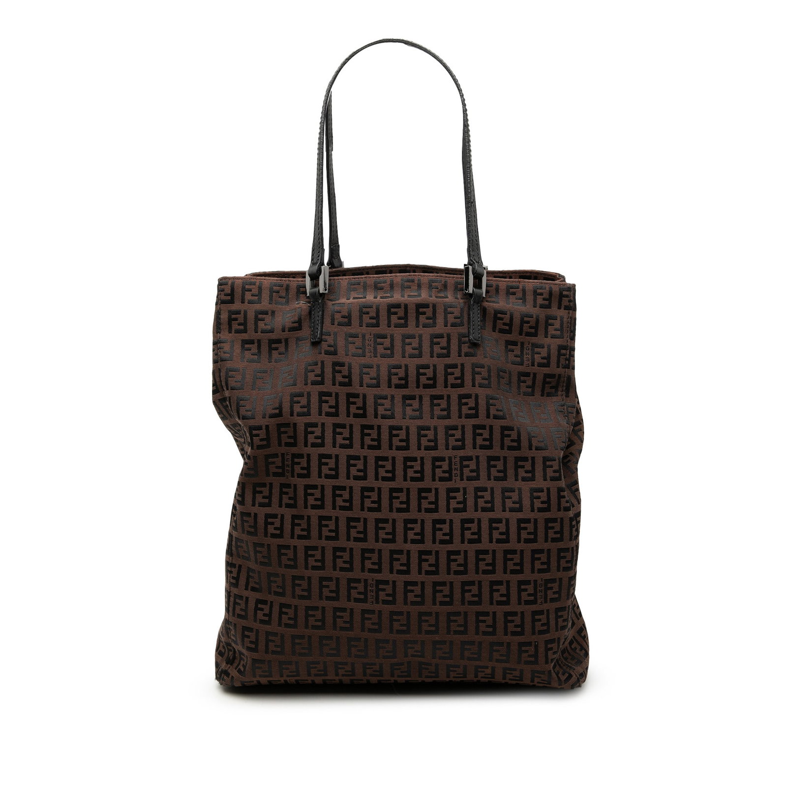 Fendi Zucchino Pattern Brown Canvas Tote Bag with Leather Handles: Fendi Zucchino Pattern Brown Canvas Tote Bag with Leather Handles The Fendi Zucchino Canvas Tote features a brown canvas body with the signature Zucchino pattern, complemented by flat leather handles.