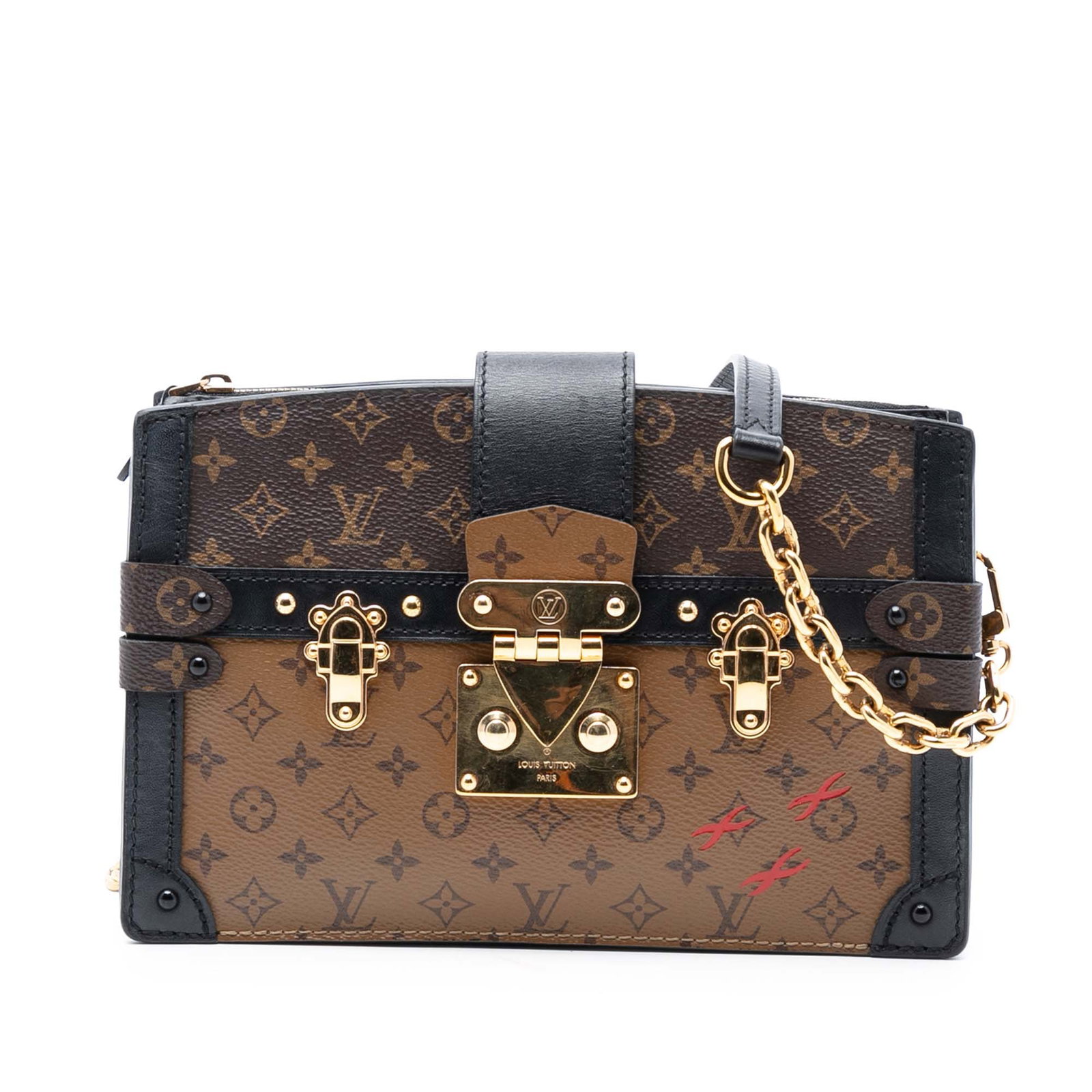 Louis Vuitton Monogram Reverse Trunk Clutch Bag with Curb Chain Strap: Louis Vuitton Monogram Reverse Trunk Clutch Bag with Curb Chain Strap This Louis Vuitton Monogram Reverse Trunk Clutch features a monogram canvas body with leather trim, a detachable curb chain strap,