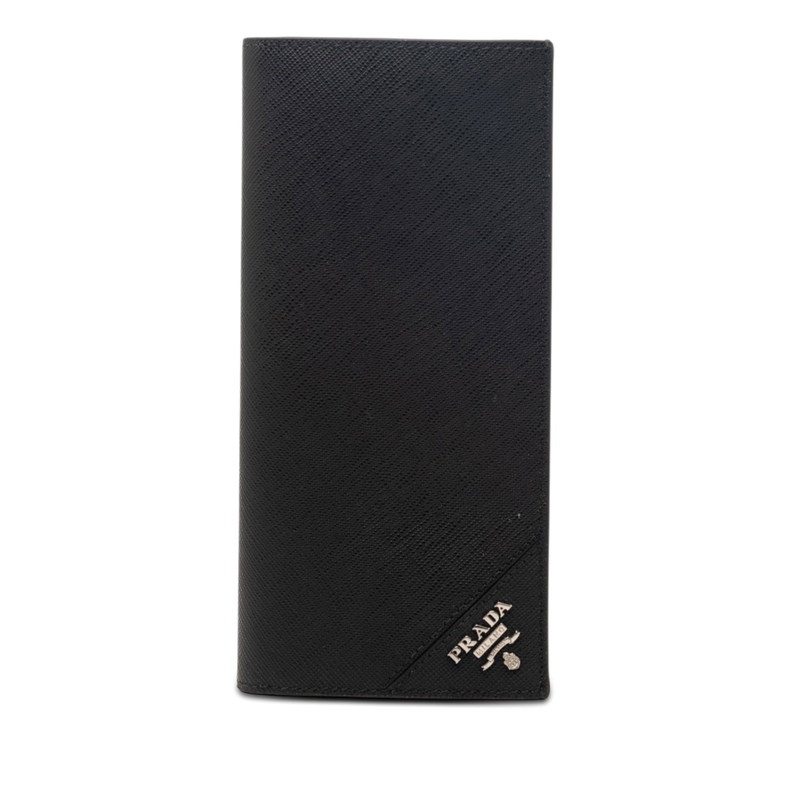 Prada Black Saffiano Leather Long Wallet with Zip Pockets: Prada Black Saffiano Leather Long Wallet with Zip Pockets This Prada Saffiano Bifold Long Wallet is crafted from durable saffiano leather in black. It features an organized interior with zip and slip 
