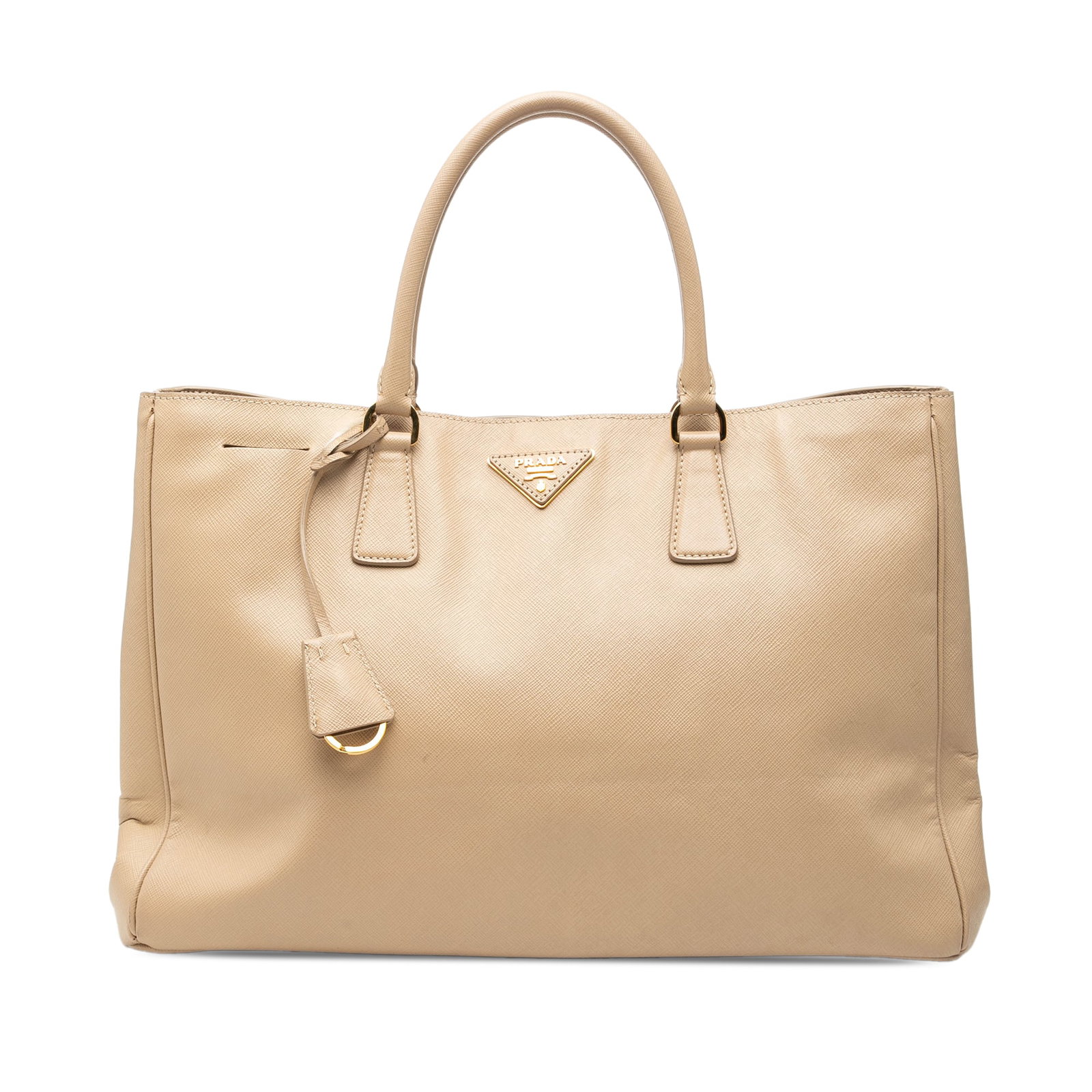 Prada Galleria Saffiano Leather Tote in Large Beige: Prada Galleria Saffiano Leather Tote in Large Beige This Prada Large Saffiano Lux Galleria Tote features a beige saffiano leather body with rolled handles, an open top secured by a magnetic snap closu