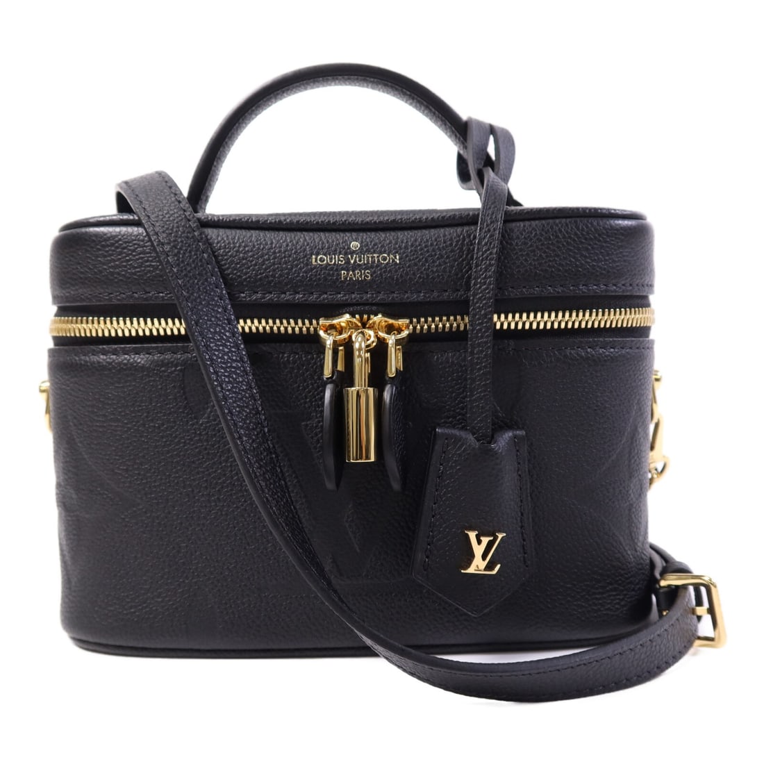 Louis Vuitton M45598 Vanity Case 2 Way Shoulder Bag Black Empreinte: Louis Vuitton M45598 Vanity Case 2 Way Shoulder Bag Black Empreinte Louis Vuitton LV Vanity Case Chain Shoulder Bag M45598 in Black Monogram Empreinte and calfskin (cowhide). This 2way shoulder bag is