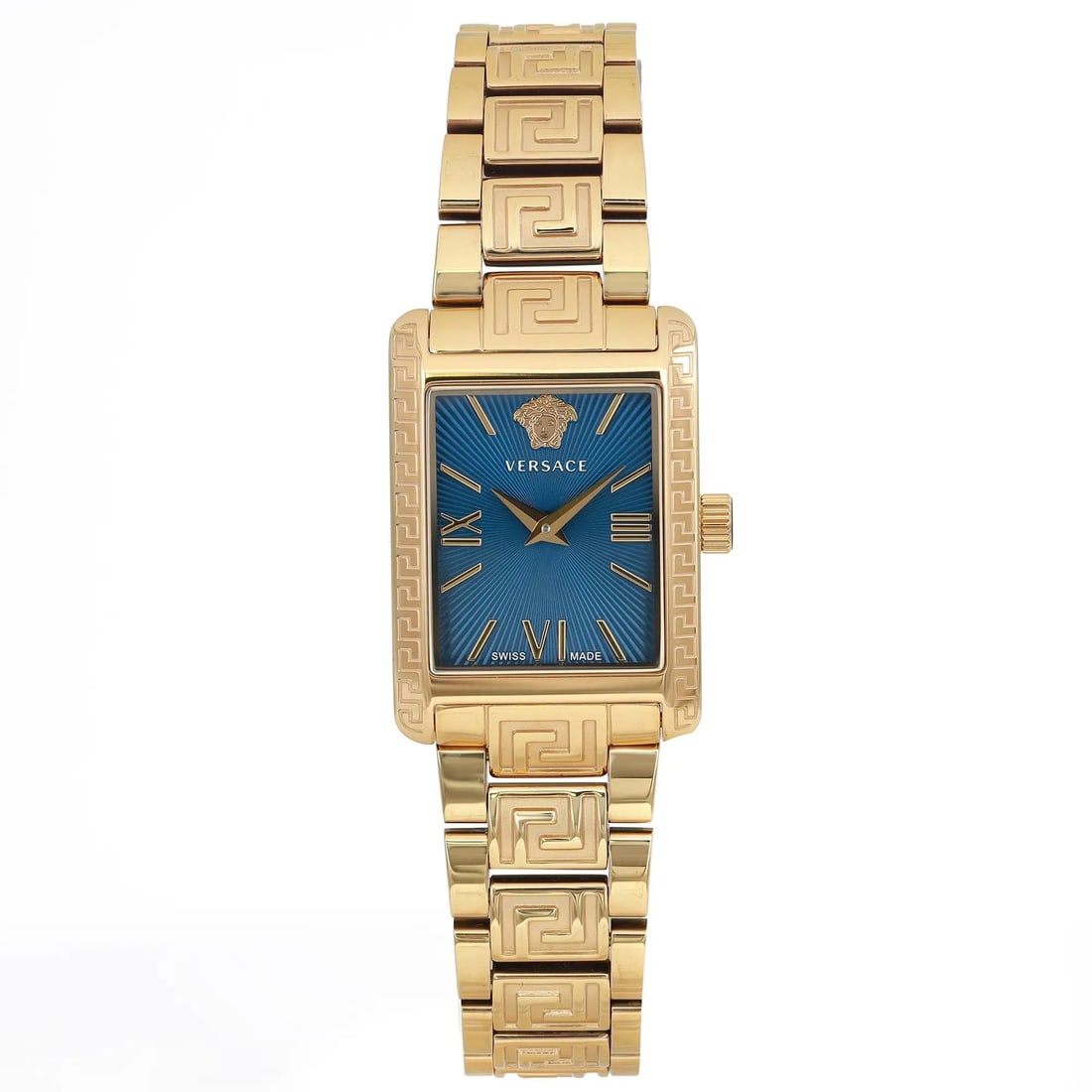 Versace Tonneau Gold-Plated Quartz Ladies Watch Blue Dial VE1C00318: Versace Tonneau Gold-Plated Quartz Ladies Watch Blue Dial VE1C00318 This exquisite Versace Tonneau wristwatch is designed for the modern lady who appreciates elegance and sophistication. Crafted with 