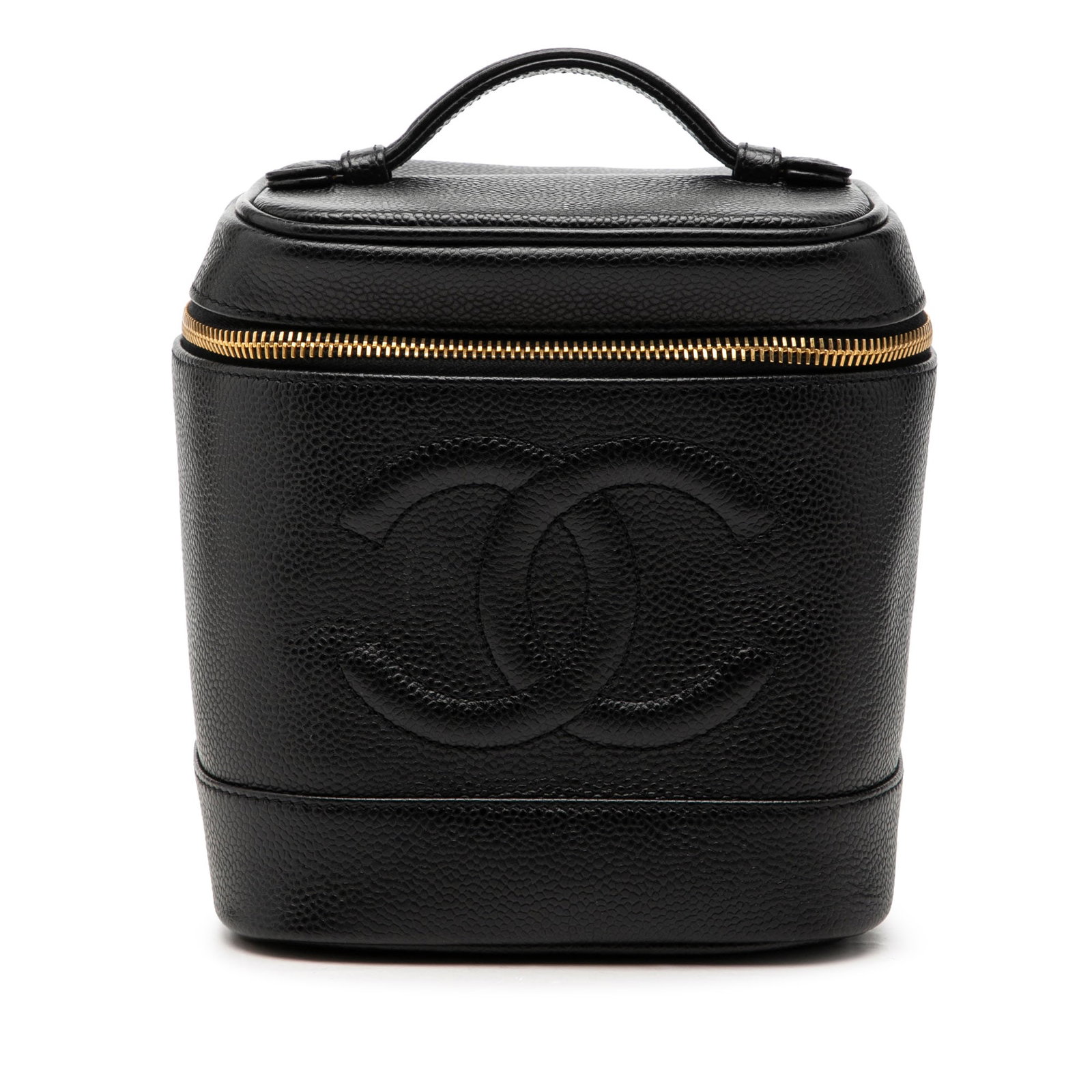 Chanel CC Vanity Bag in Black Caviar Leather: Chanel CC Vanity Bag in Black Caviar Leather Chanel CC Caviar Vanity Bag in black caviar leather, made in France. It features a flat leather top handle, a zip-around closure, and an interior slip pock