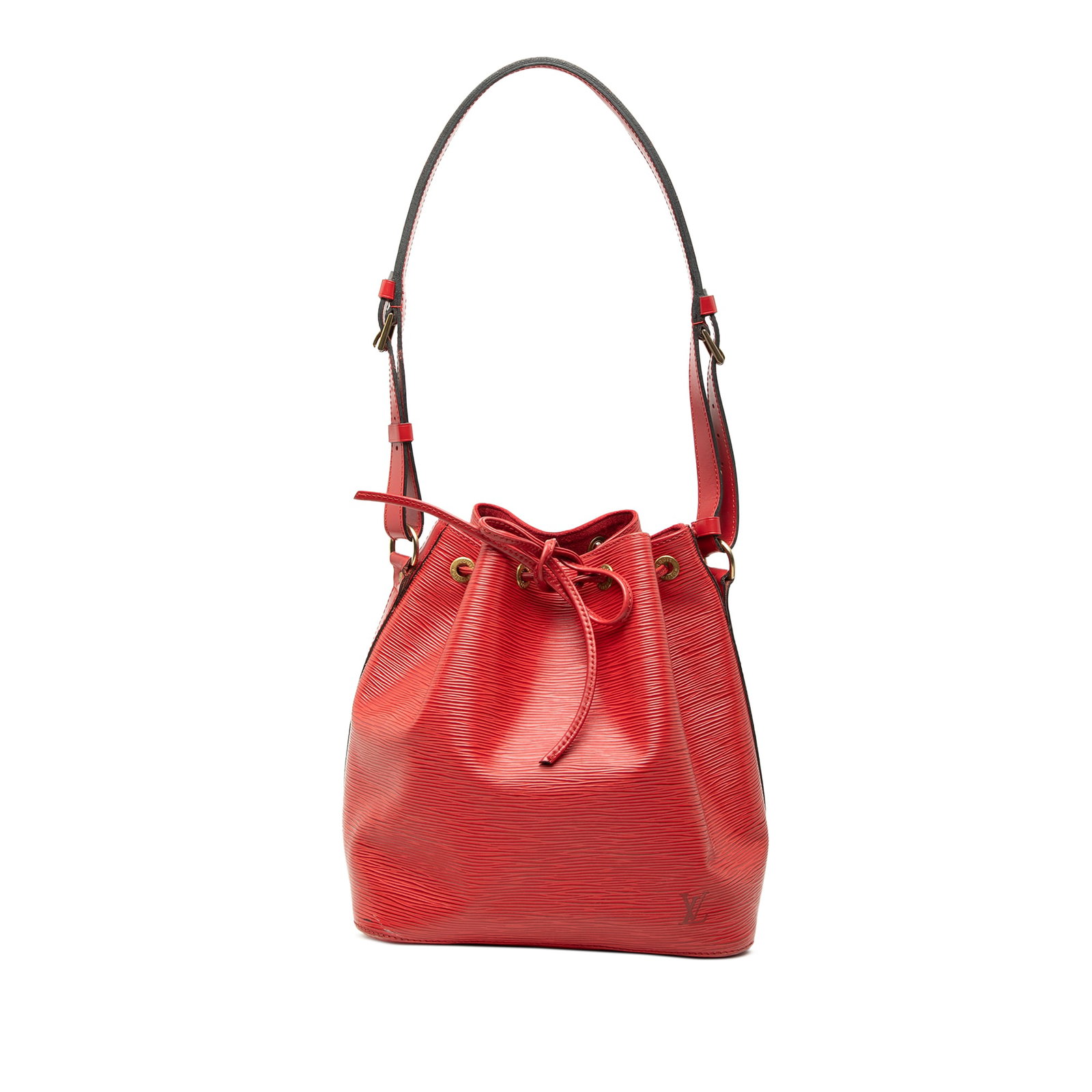 Louis Vuitton Epi Red Petit Noe Leather Shoulder Bag: Louis Vuitton Epi Red Petit Noe Leather Shoulder Bag This Louis Vuitton Epi Petit Noe bag features a red epi leather body, flat leather shoulder straps, and a drawstring closure. The bag shows signs o
