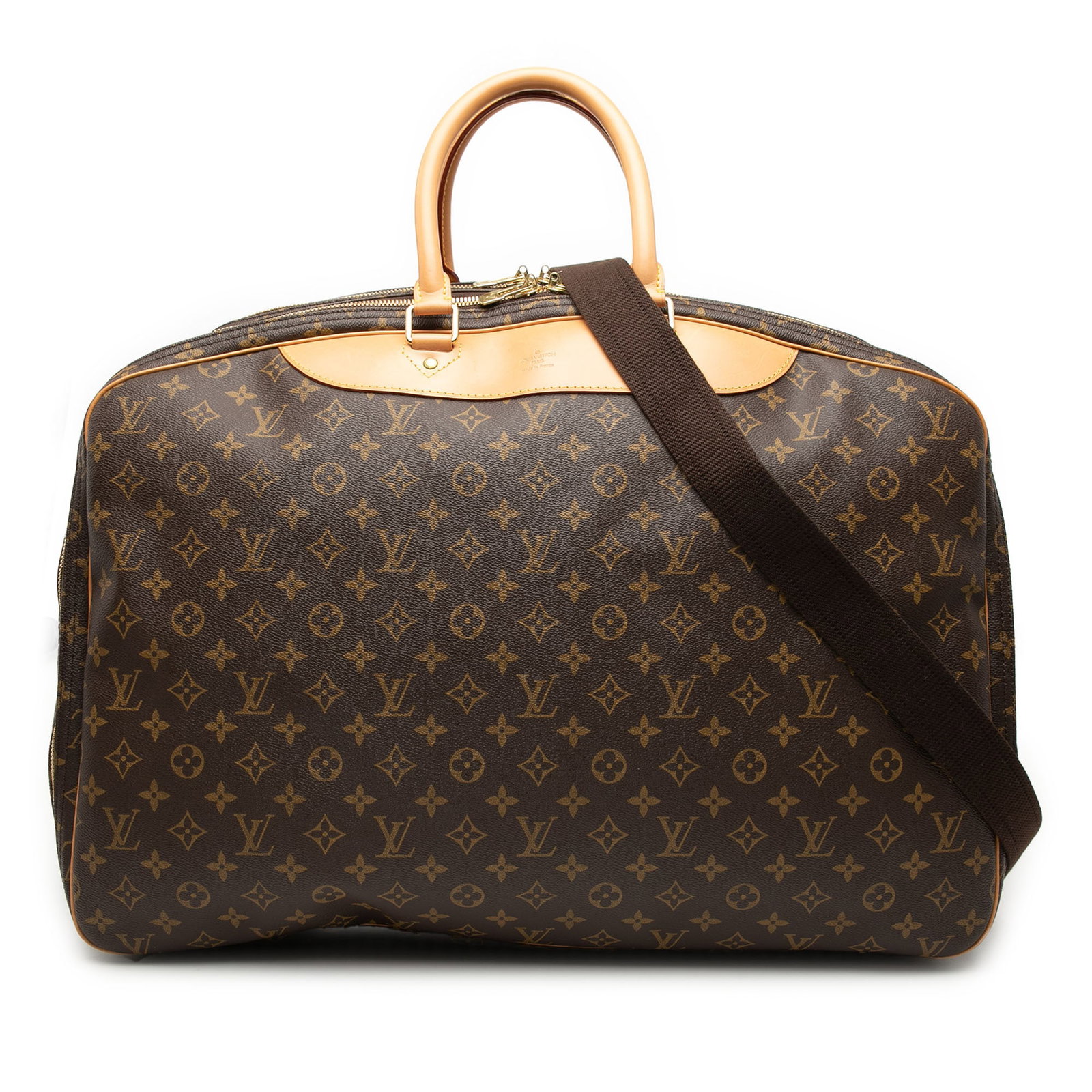 Louis Vuitton Alize Monogram Canvas Travel Bag with Leather Trim: Louis Vuitton Alize Monogram Canvas Travel Bag with Leather Trim The Louis Vuitton Monogram Alize 3 Poches is a travel bag crafted with the iconic monogram canvas and vachetta leather trim. It feature