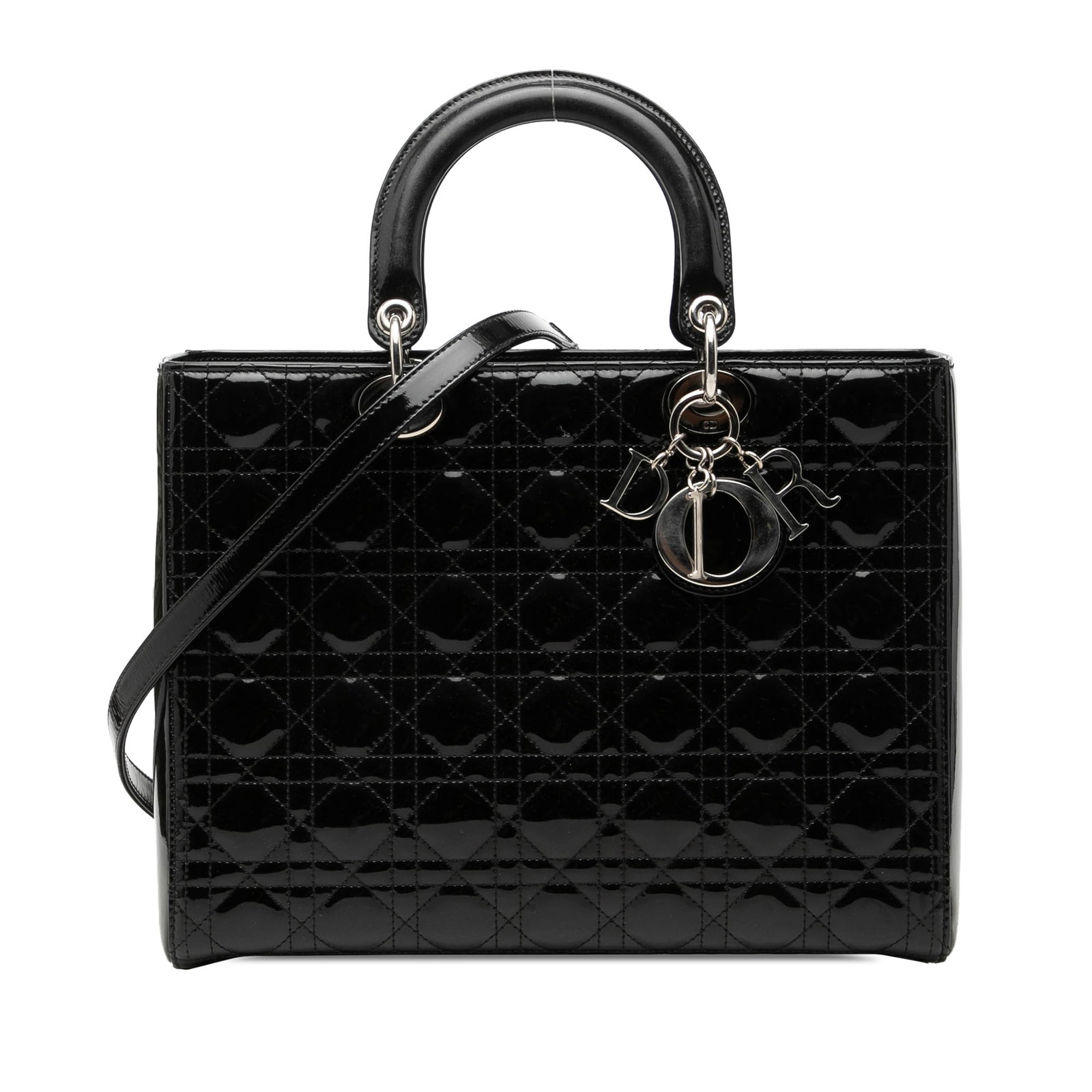 Dior Lady Dior Large Cannage Patent Leather Handbag Black: Dior Lady Dior Large Cannage Patent Leather Handbag Black This Large Patent Cannage Lady Dior is a black bag from Dior, made in Italy. It features a quilted patent leather body, flat leather top handl