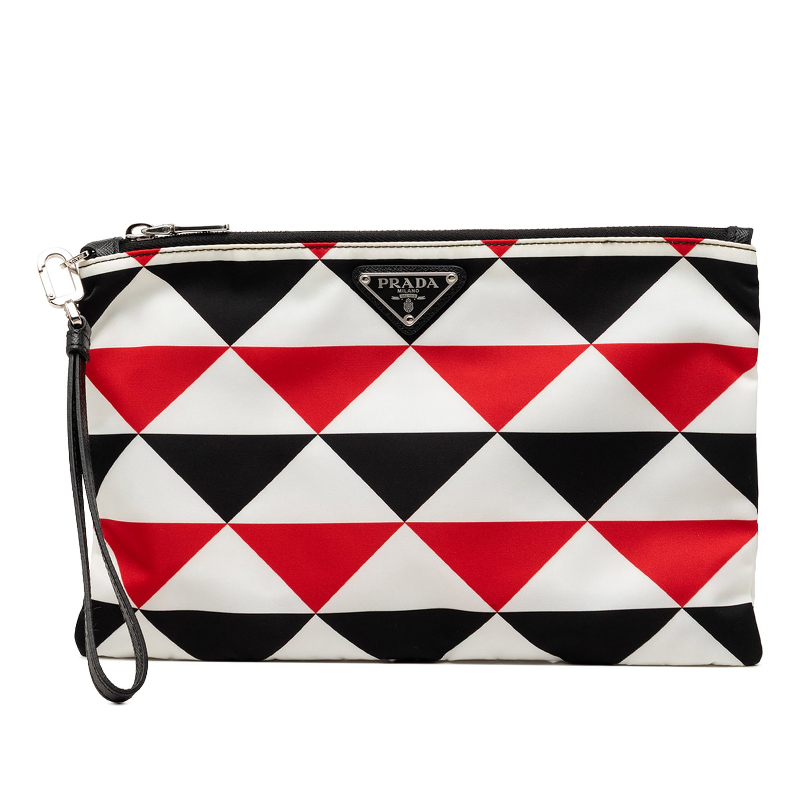 Prada Geometric Triangle Pattern Nylon Wristlet Clutch: Prada Geometric Triangle Pattern Nylon Wristlet Clutch Prada nylon geometric triangle pattern flat clutch in white fabric, made in Italy. It features a detachable flat wrist strap, top zip closure, an