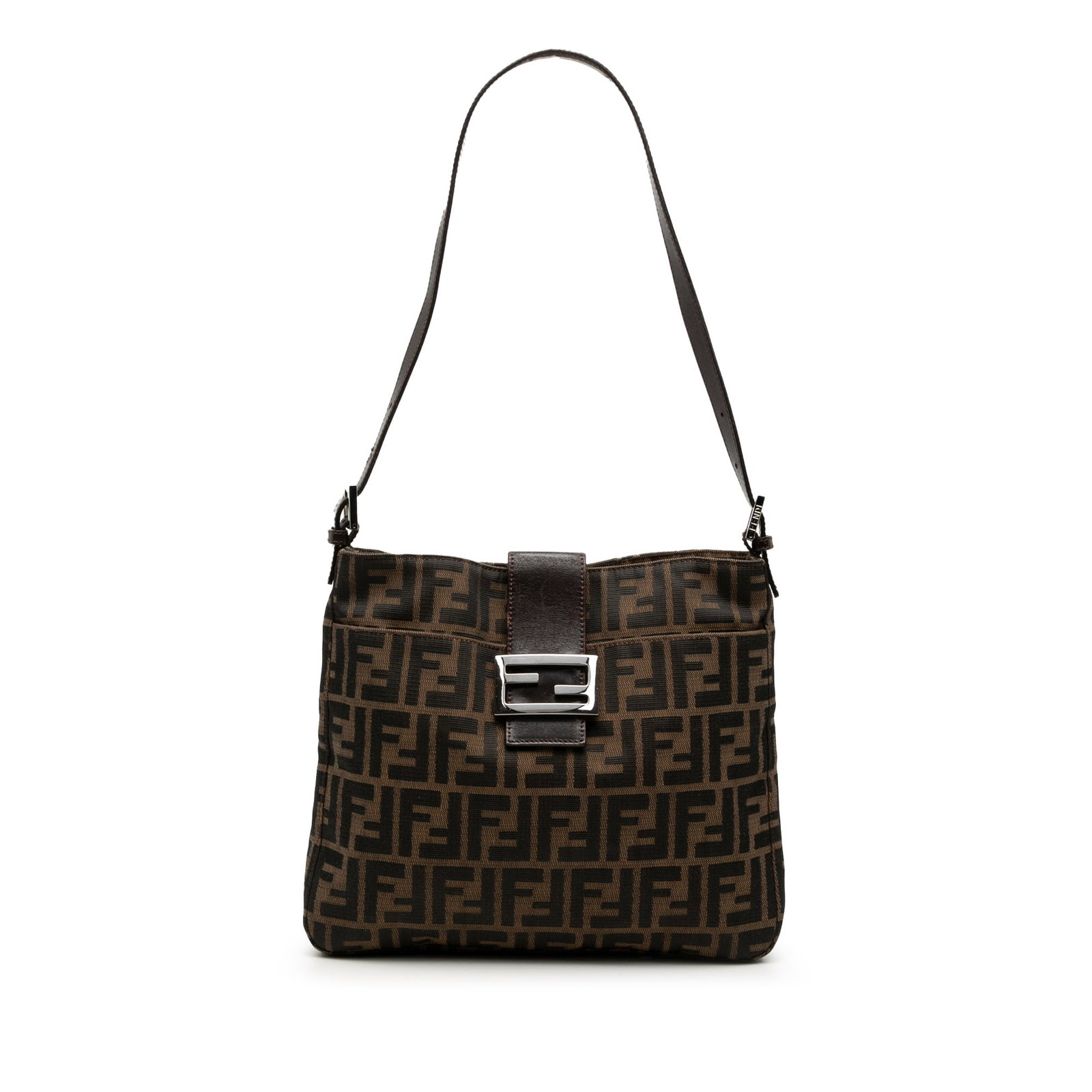 Fendi Zucca Canvas Brown Shoulder Tote: Fendi Zucca Canvas Brown Shoulder Tote This Fendi Zucca Canvas Shoulder Bag features a brown fabric body with the iconic Zucca pattern, complemented by a flat leather strap. The design includes an ope