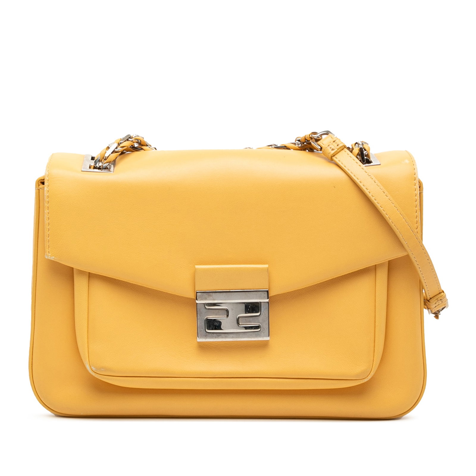 Fendi Nappa Be Baguette Yellow Leather Chain Crossbody Bag: Fendi Nappa Be Baguette Yellow Leather Chain Crossbody Bag This Fendi Nappa Be Baguette Crossbody bag is crafted from yellow leather and features a leather-woven chain link strap with a leather guard.