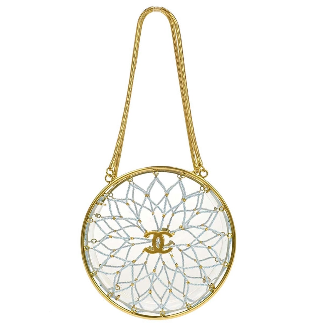 CHANEL Minaudiere Acrylic Crossbody Bag Clear Beaded Gold Tone: CHANEL Minaudiere Acrylic Crossbody Bag Clear Beaded Gold Tone Clear acrylic minaudiere bag with a round circle silhouette and dreamcatcher beaded design. It is described as a small crossbody style fo