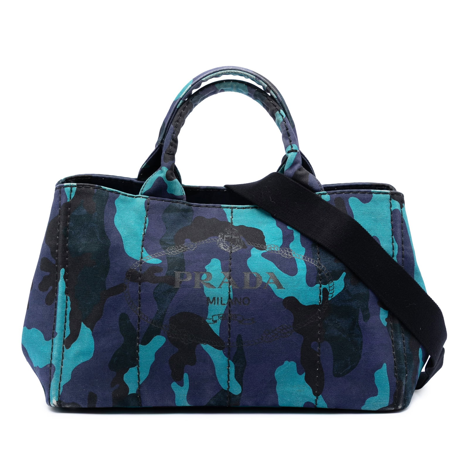 Prada Canapa Camouflage Canvas Satchel with Shoulder Strap: Prada Canapa Camouflage Canvas Satchel with Shoulder Strap Prada Canapa Logo Camouflage tote in blue fabric with a canvas body, rolled handles, and an adjustable, detachable flat strap. The bag featur