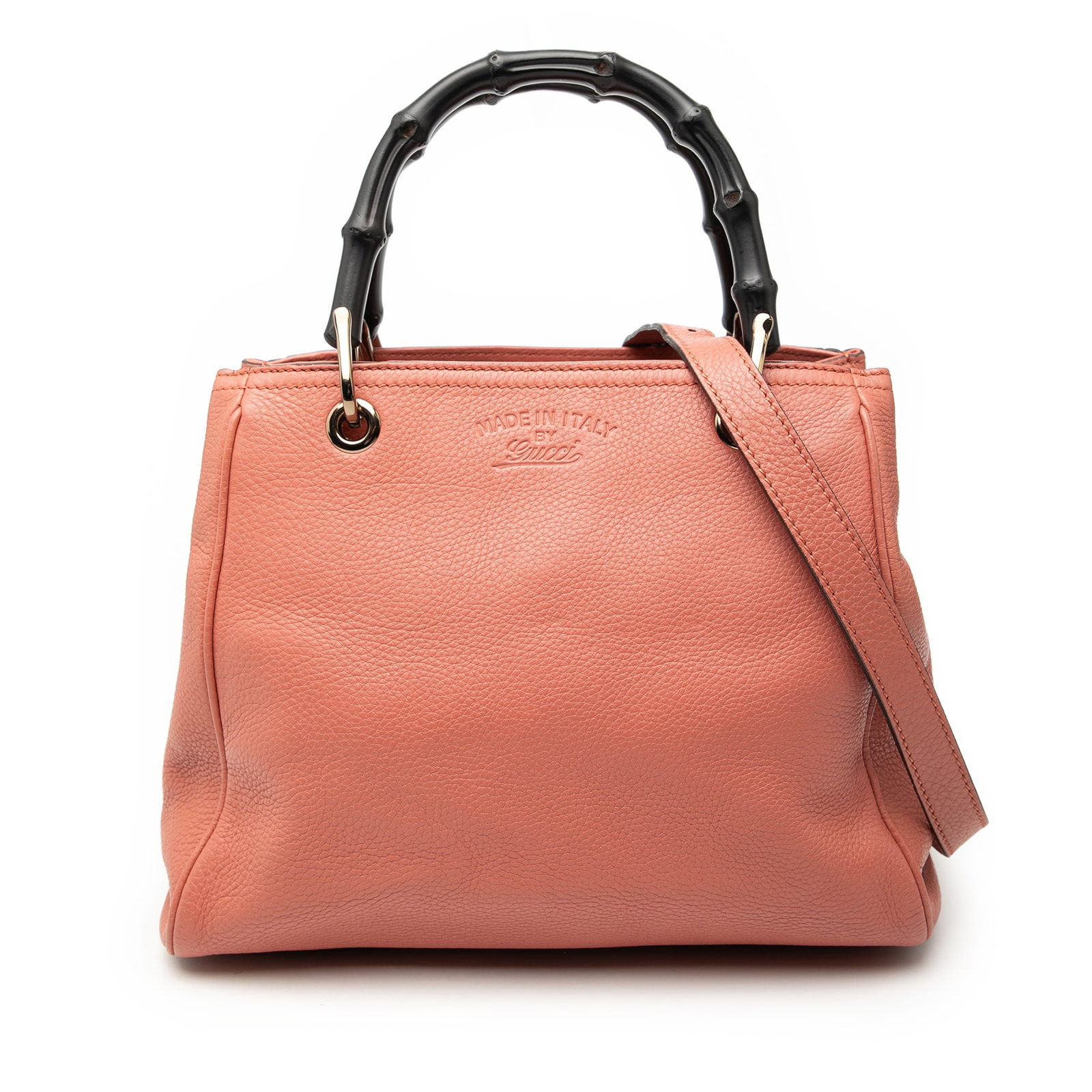 Gucci Bamboo Shopper Pink Leather Small Satchel with Detachable Strap: Gucci Bamboo Shopper Pink Leather Small Satchel with Detachable Strap This Gucci Small Calfskin Bamboo Shopper Satchel features a pink leather body, distinctive bamboo top handles, a detachable flat l