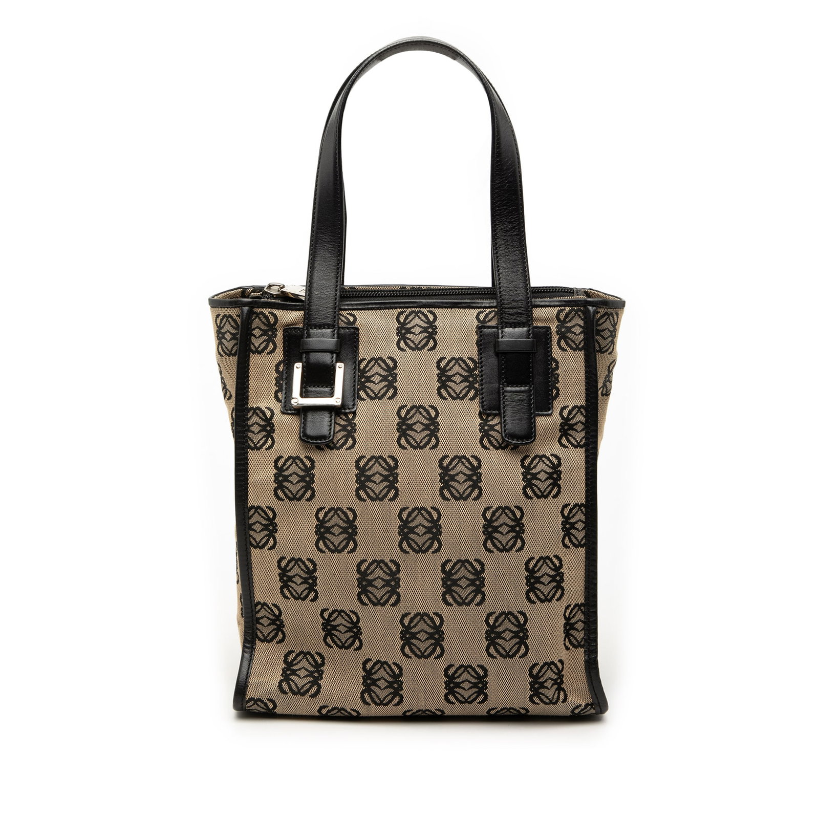 LOEWE beige canvas tote with leather trim: LOEWE beige canvas tote with leather trim This LOEWE Anagram Canvas Handbag features a beige canvas body accented with leather trim and flat leather handles. The bag is designed with a top zip closure