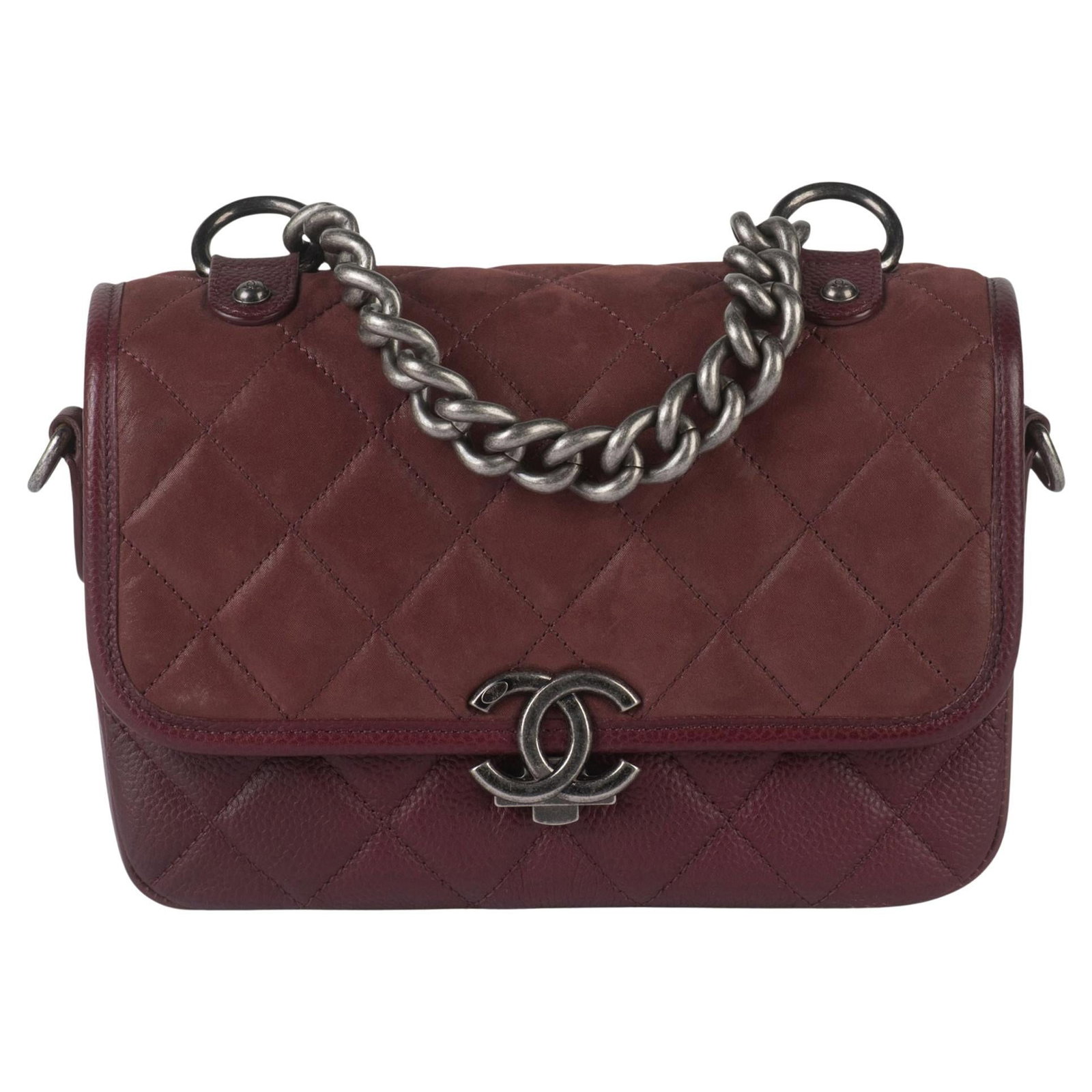 Chanel Burgundy Leather Messenger from Collection 23 with Chain Handle: Chanel Burgundy Leather Messenger from Collection 23 with Chain Handle This Chanel Daily Carry Messenger Bag is crafted from burgundy leather and features a short chain top handle along with a longer,