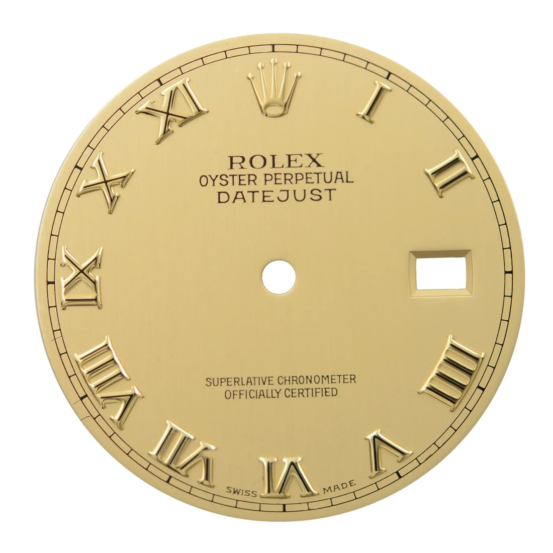 Rolex Datejust 16233 watch dial champagne Roman numerals: Rolex Datejust 16233 watch dial champagne Roman numerals Pre-owned Rolex Datejust watch dial in champagne color, designed for the 36mm model. It features Roman numeral hour markers and a 12-hour dial 