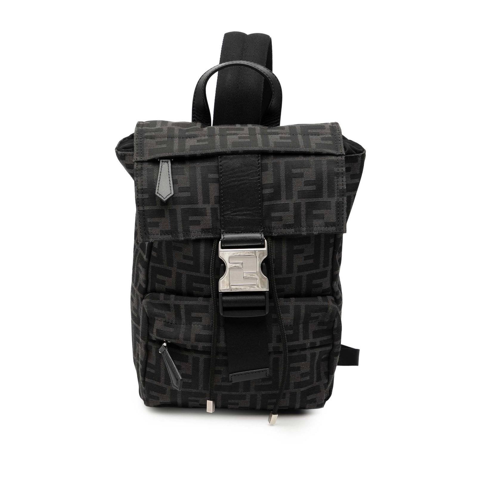 Fendi Fendiness Black Canvas Mini Zucca Backpack with Leather Handle: Fendi Fendiness Black Canvas Mini Zucca Backpack with Leather Handle This Fendiness backpack by Fendi features a canvas body with the signature Zucca motif, complemented by a flat leather top handle a