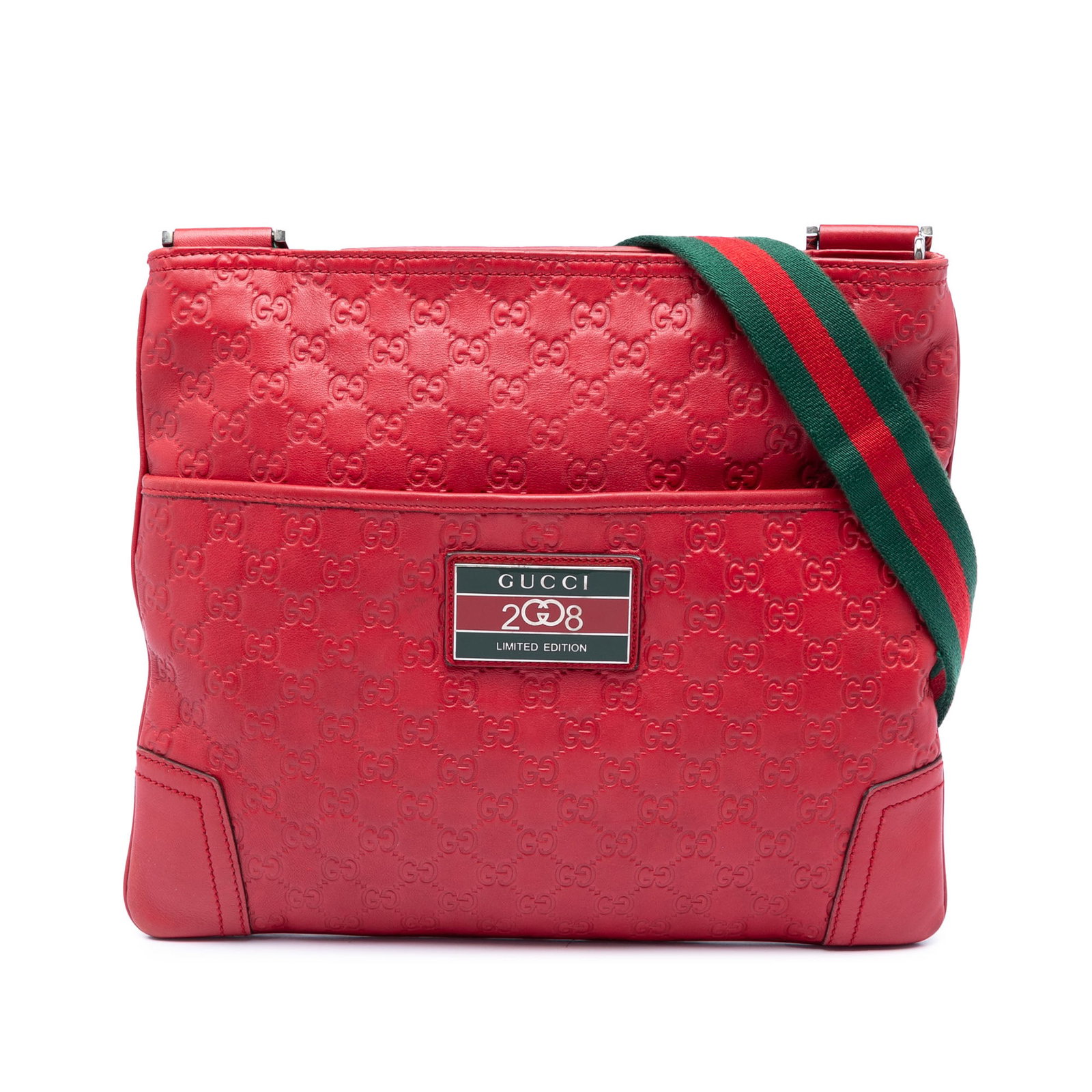 Gucci red leather Beijing Olympics crossbody bag: Gucci red leather Beijing Olympics crossbody bag This Gucci Beijing Olympics Edition Guccissima Web Crossbody bag features an embossed leather body in red, complemented by an adjustable flat canvas we