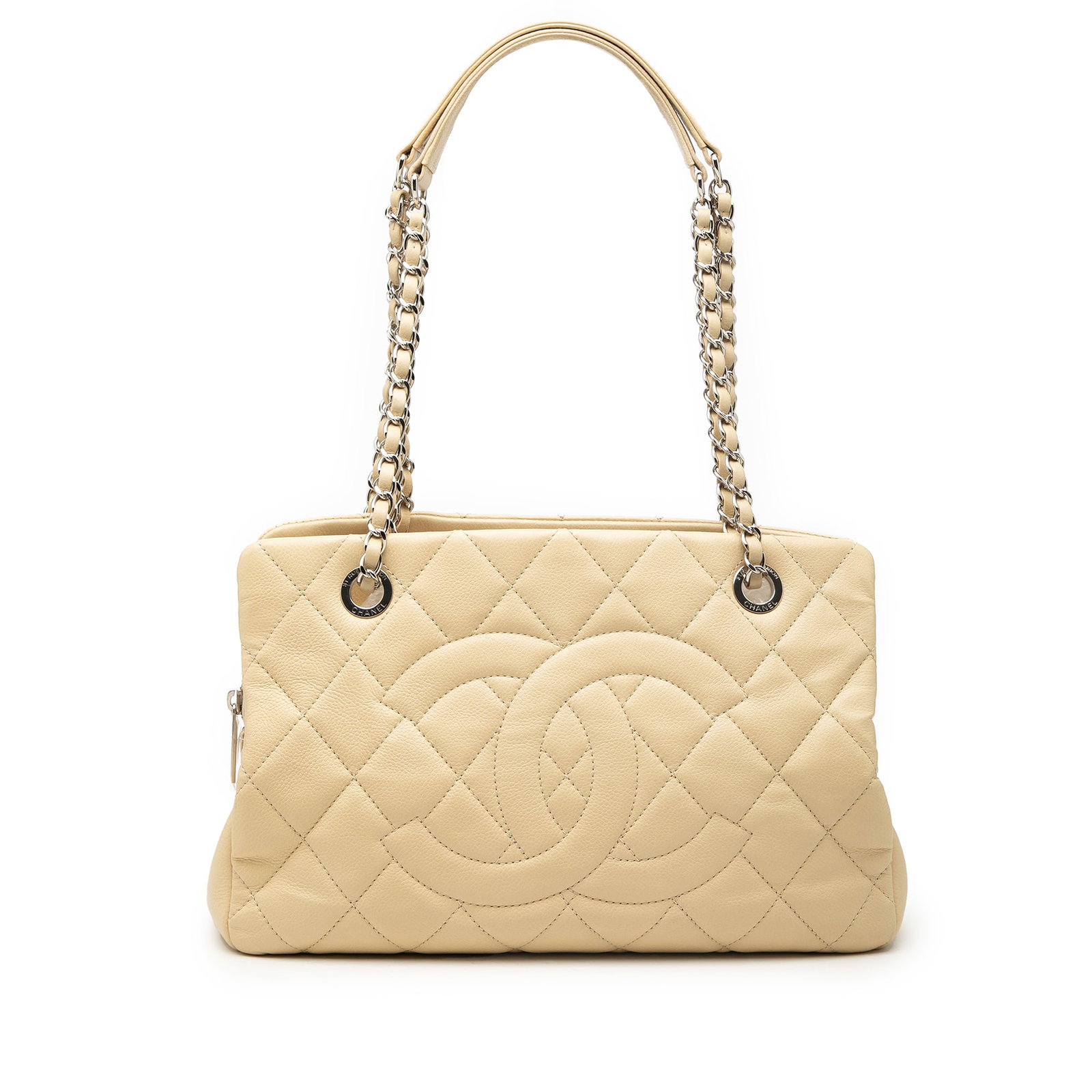 Chanel Petite Timeless Caviar Leather Tote Bag White: Chanel Petite Timeless Caviar Leather Tote Bag White This Chanel Petite Caviar Timeless Tote is a white tote bag crafted in quilted caviar leather with leather-woven chain link straps and leather shou
