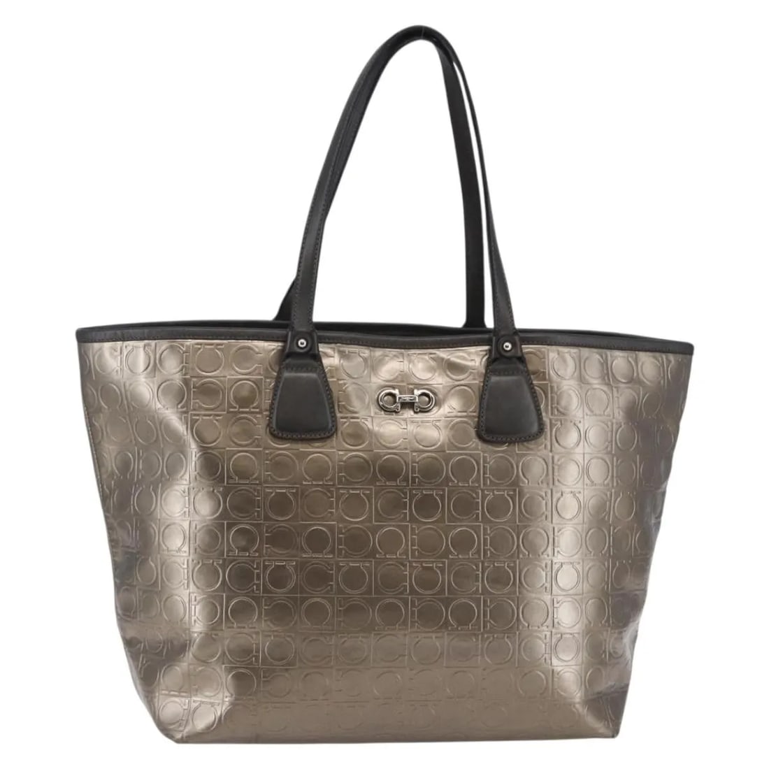 Gancini Tote by Salvatore Ferragamo Gold Patent Leather Handbag: Gancini Tote by Salvatore Ferragamo Gold Patent Leather Handbag This Salvatore Ferragamo Gancini Tote is crafted from gold patent leather and designed for women. The bag features a spacious interior a