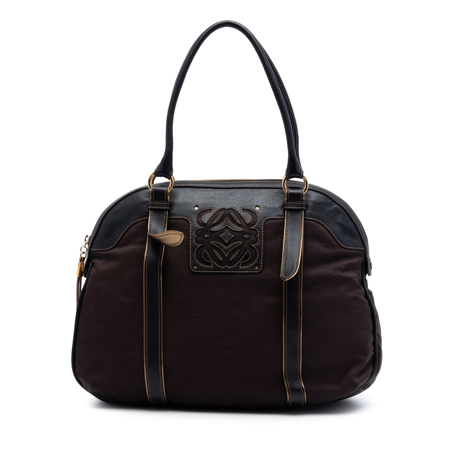 LOEWE Anagram Nylon Handbag with Leather Trim: LOEWE Anagram Nylon Handbag with Leather Trim This handbag features a nylon body with leather trim, rolled leather handles, a top zip closure, and interior zip and slip pockets. It is brown and made o