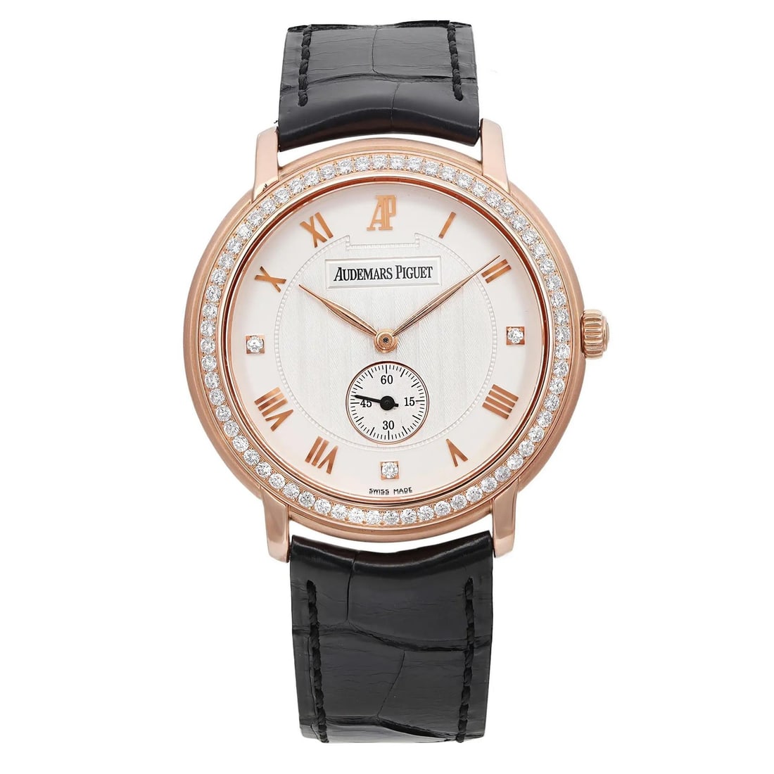 Audemars Piguet Jules Rose Gold Diamond Dial Manual Wristwatch: Audemars Piguet Jules Rose Gold Diamond Dial Manual Wristwatch This Audemars Piguet Jules wristwatch features an 18k rose gold case with a silver dial adorned with factory diamond markers and a diamon