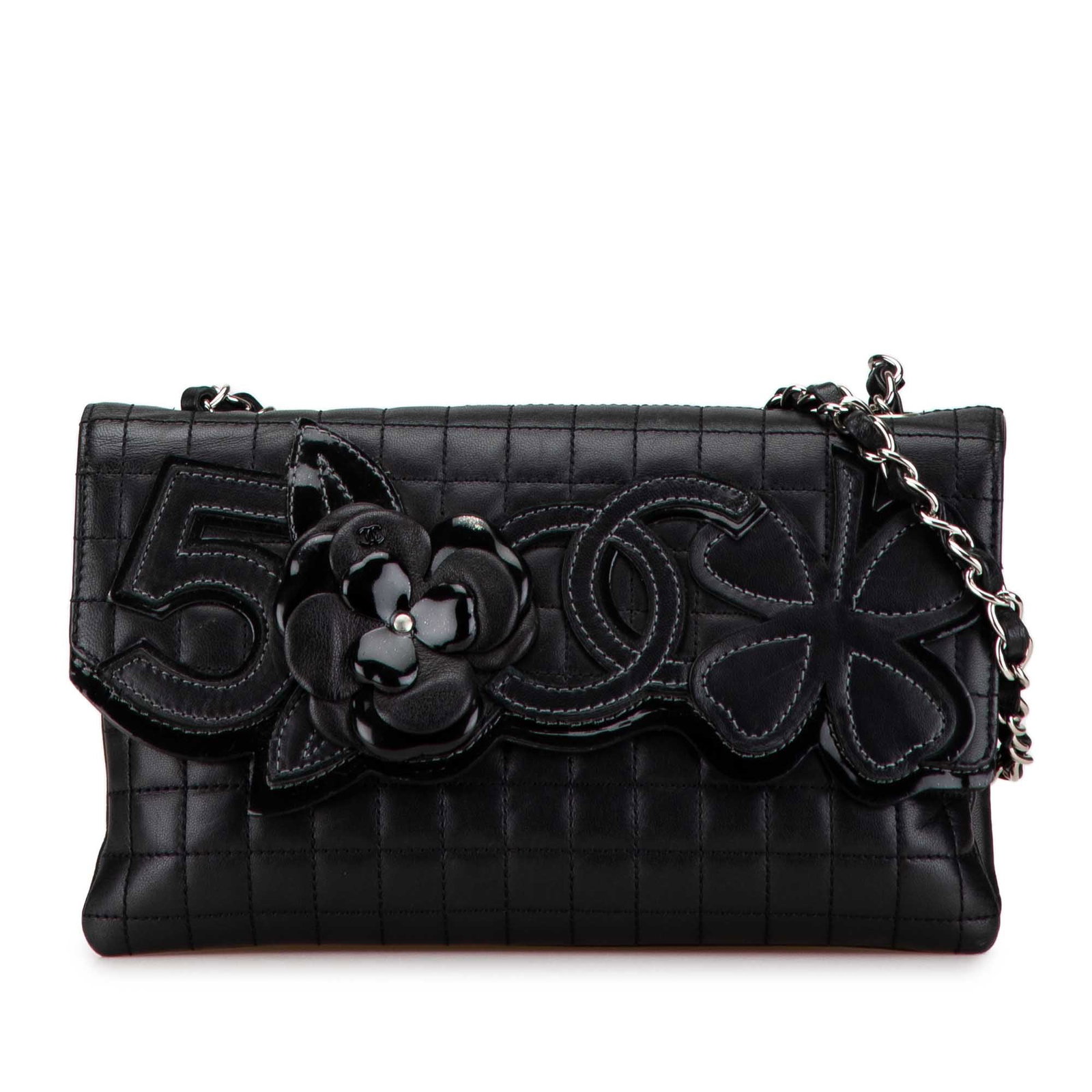 Chanel Choco Bar Camellia No. 5 CC Black Quilted Leather Shoulder Bag: Chanel Choco Bar Camellia No. 5 CC Black Quilted Leather Shoulder Bag This Chanel Choco Bar Calfskin Camellia No. 5 CC Shoulder Bag features a quilted black leather body, a leather-woven chain strap, 
