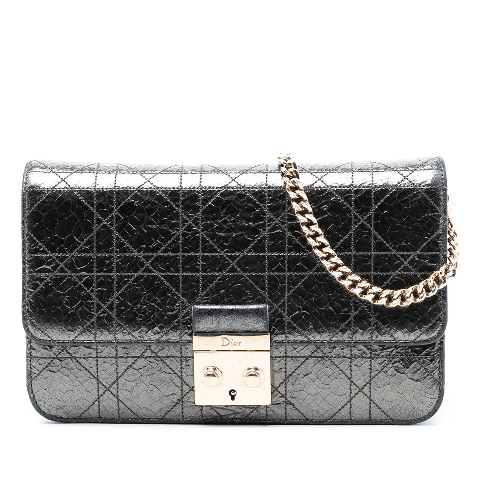 Dior Miss Dior Promenade Silver Crinkled Leather Chain Crossbody Bag: Dior Miss Dior Promenade Silver Crinkled Leather Chain Crossbody Bag This Miss Dior Promenade crossbody bag features a metallic crinkled calfskin leather body with signature Cannage stitching. It is d
