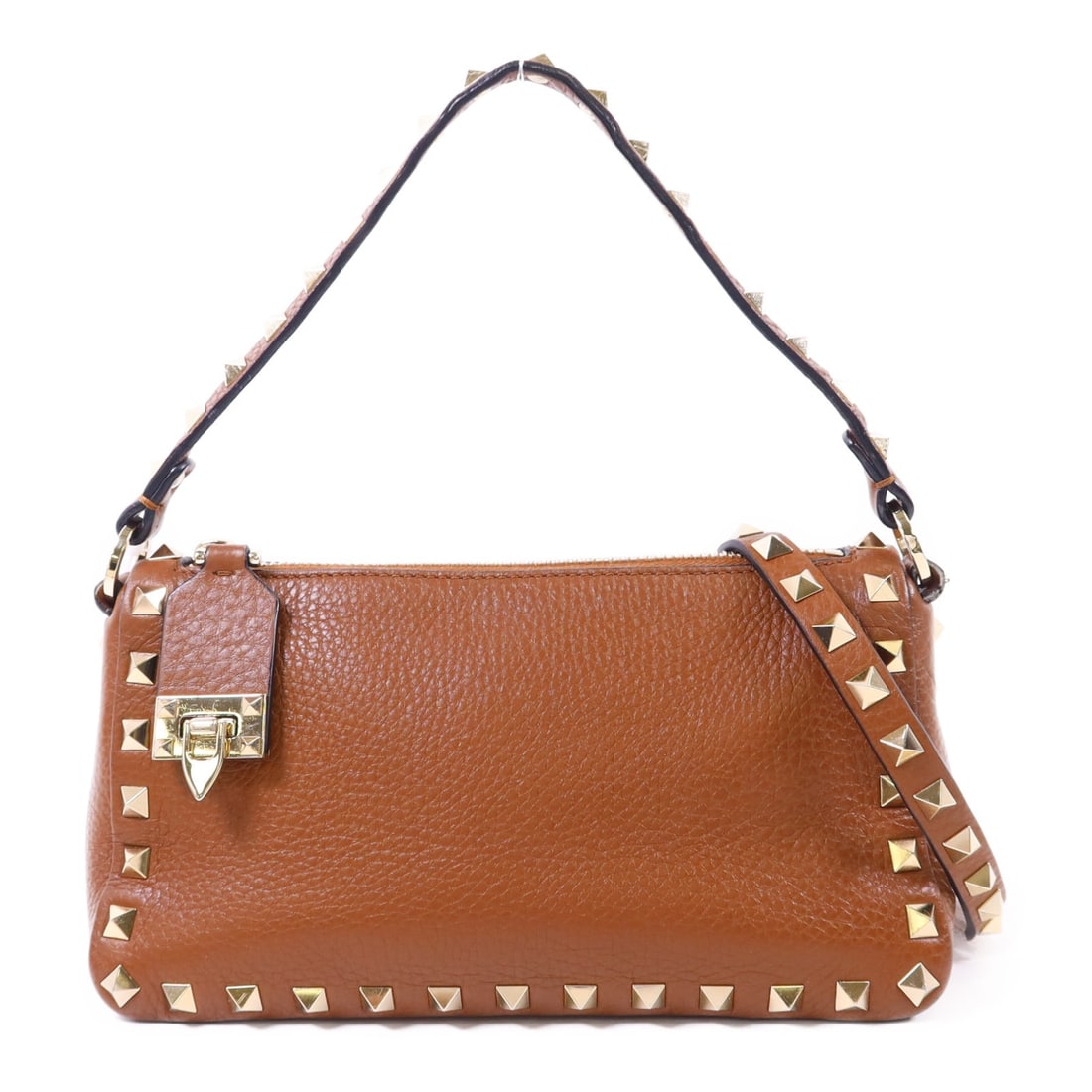 Valentino Rockstud 2 Way Shoulder Bag Brown Calfskin Leather: Valentino Rockstud 2 Way Shoulder Bag Brown Calfskin Leather A Valentino 2-way shoulder bag in brown calfskin (cowhide) leather, featuring the Rockstud design and GHW. It includes a shoulder strap and