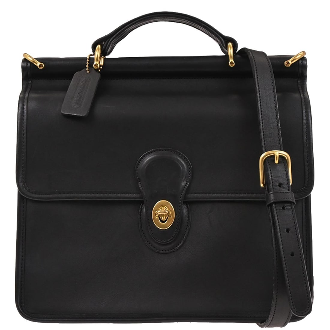 Coach 0519-349 black leather top handle bag with shoulder strap: Coach 0519-349 black leather top handle bag with shoulder strap Coach black leather 2way handbag with a top handle and removable shoulder strap for hand carry or shoulder wear. This medium bag feature