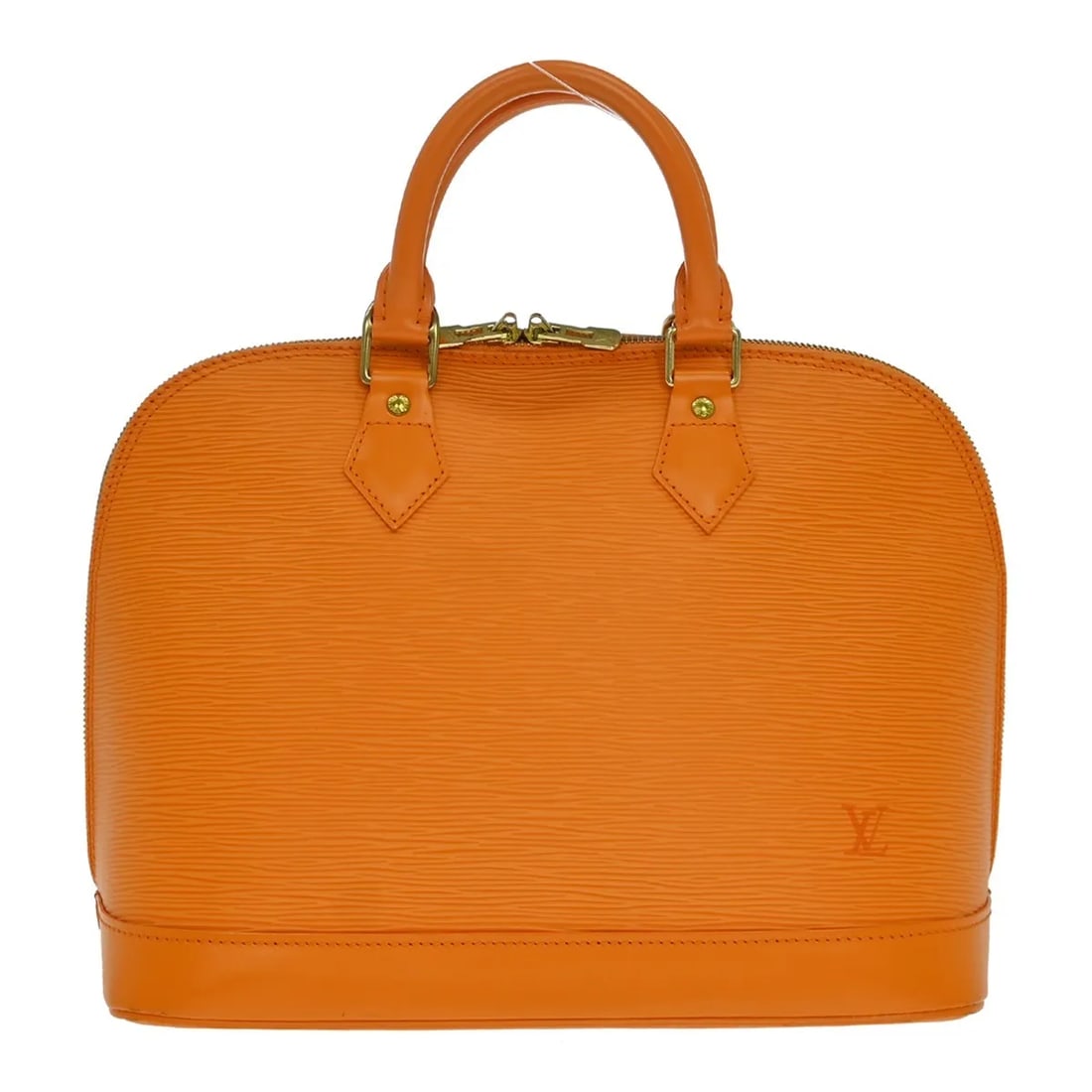 Louis Vuitton Alma Orange Leather Handbag: Louis Vuitton Alma Orange Leather Handbag Louis Vuitton Alma handbag in orange leather. This structured bag is made in France and remains in good condition with visible wear, including scuffs and scra