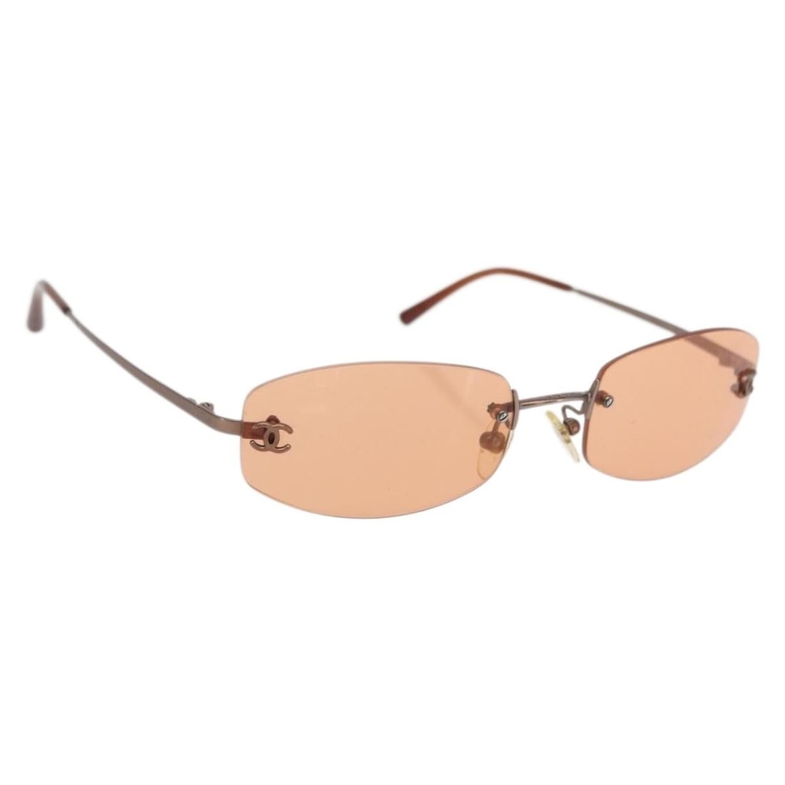 CHANEL Orange Metal Womens Sunglasses with Case Italy: CHANEL Orange Metal Womens Sunglasses with Case Italy CHANEL sunglasses in orange metal, made in Italy. This women's style comes with a sunglass case and is described as condition B, with reasonable w
